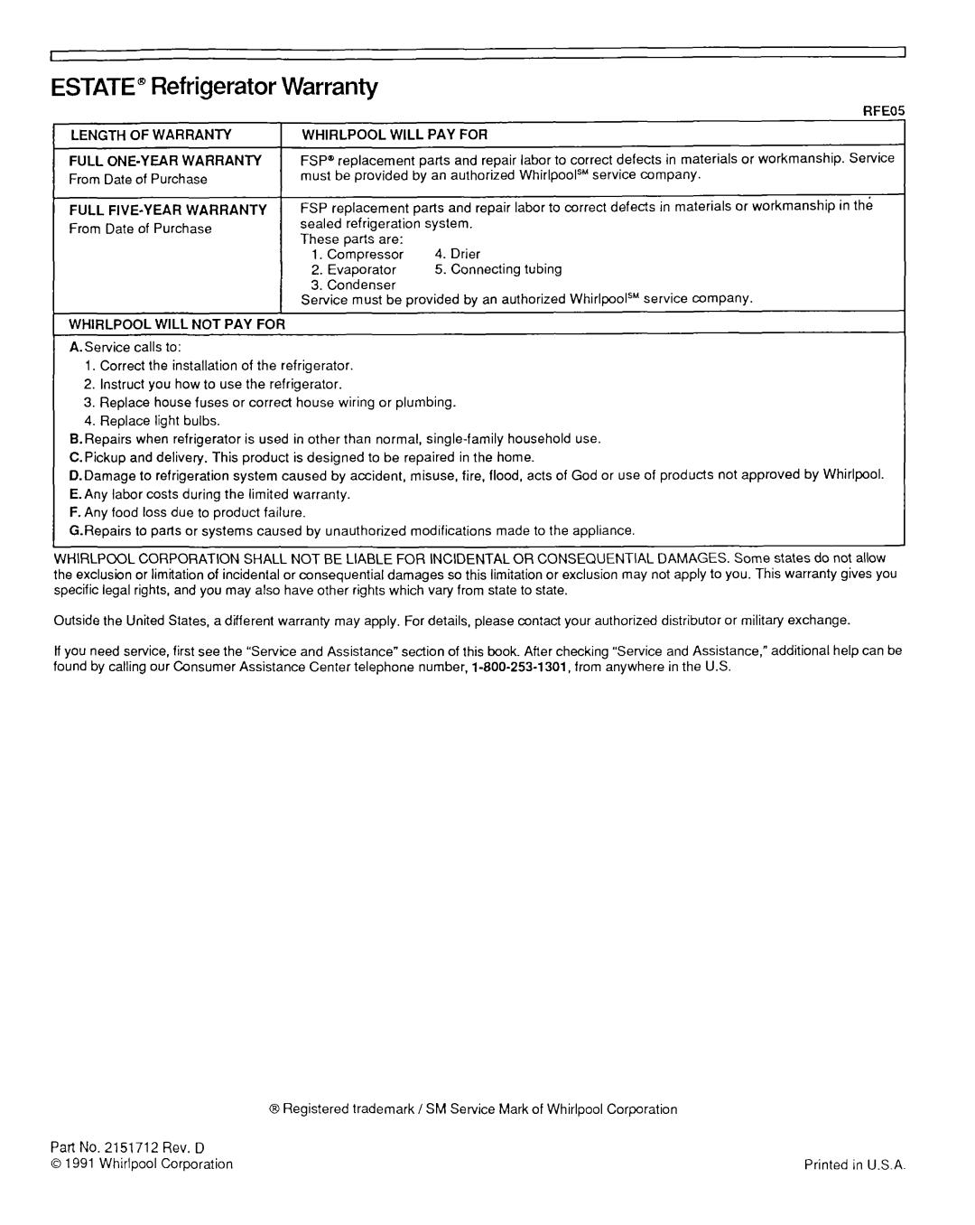 Whirlpool TTI 6DK, TTI4CK, TT20AK, TT2OBK, TTI 6CK, TT14EK installation instructions Warranty, Rfeos 