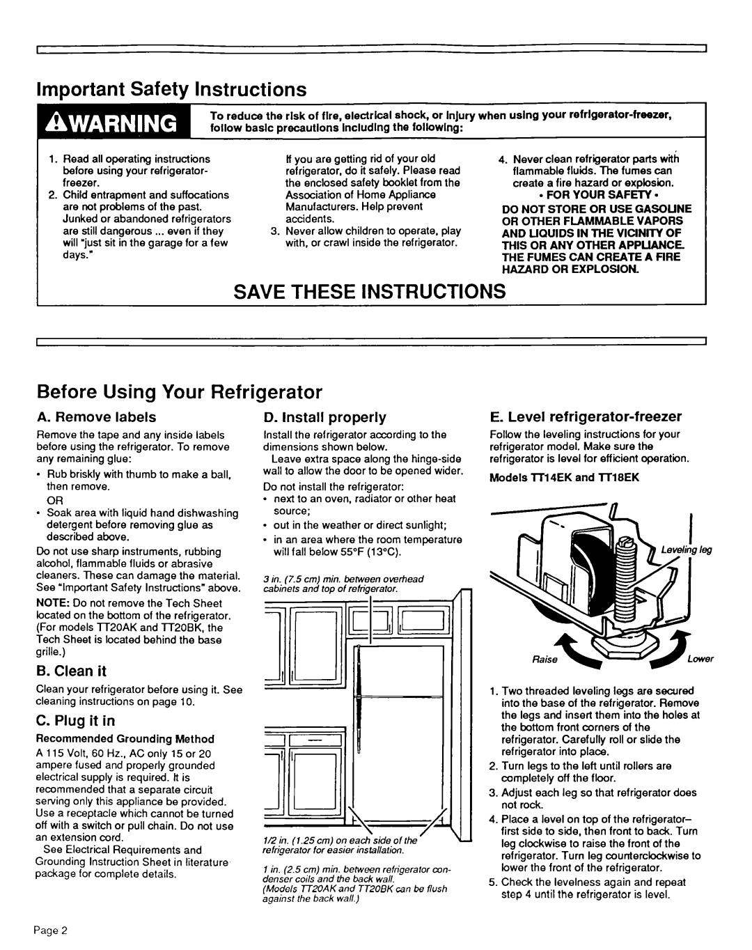 Whirlpool TT2OBK, TTI4CK, TT20AK, TTI 6CK, TTI 6DK, TT14EK Important Safety Instructions, Before Using Your Refrigerator 