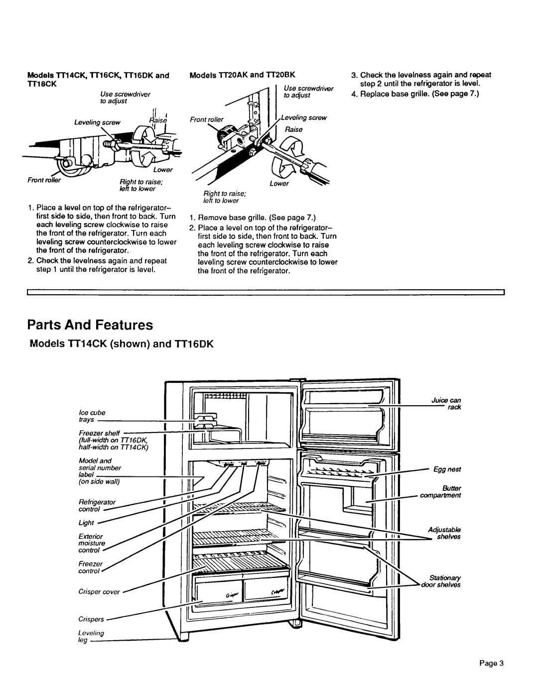 Whirlpool TTI 6CK, TTI4CK, TT20AK, TT2OBK, TT14EK installation instructions Parts And Features, Models lT14CK shown and TTI 6DK 