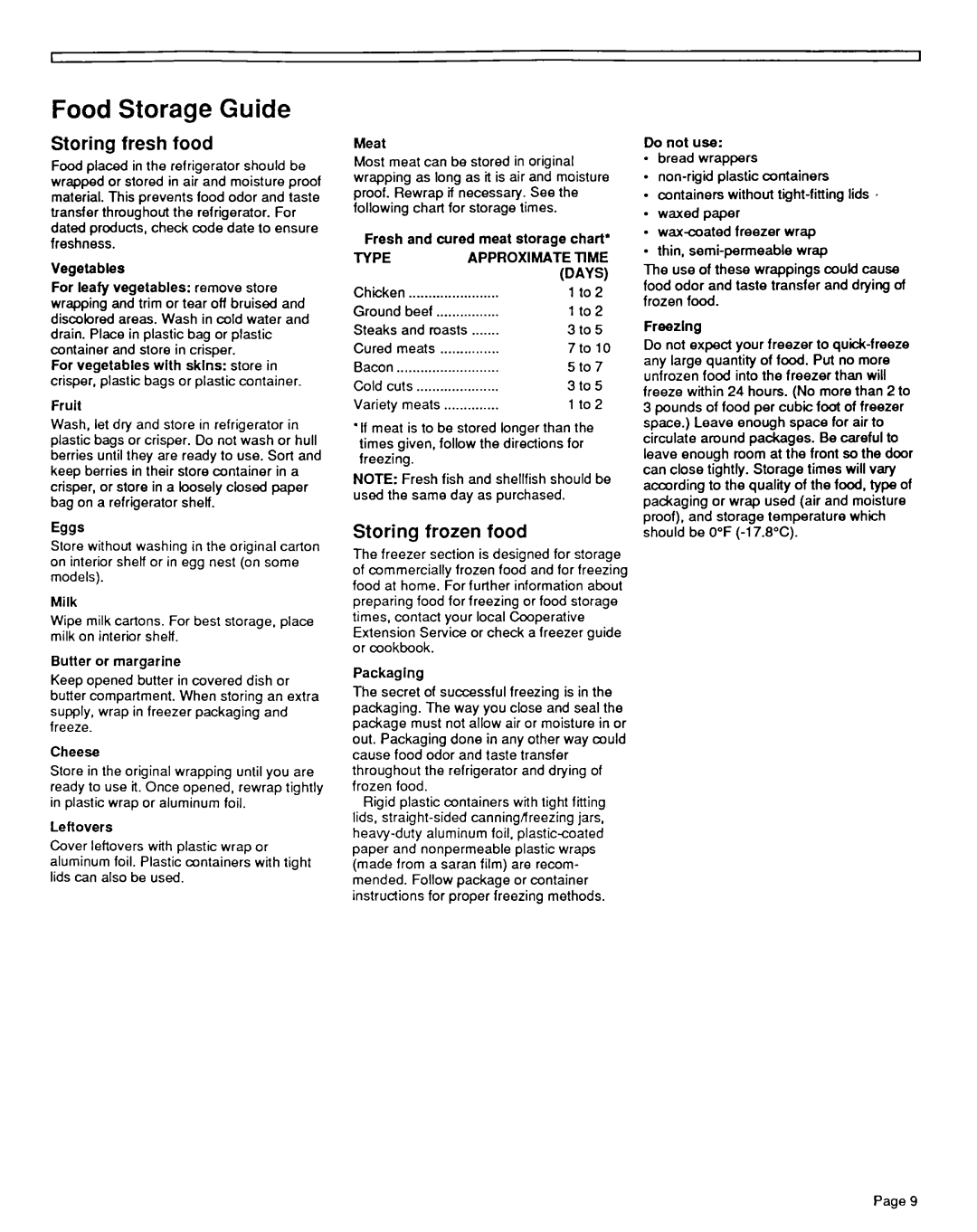 Whirlpool TTI 6CK, TTI4CK, TT20AK, TT2OBK, TTI 6DK, TT14EK Food Storage Guide, Storing fresh food, Storing frozen food 