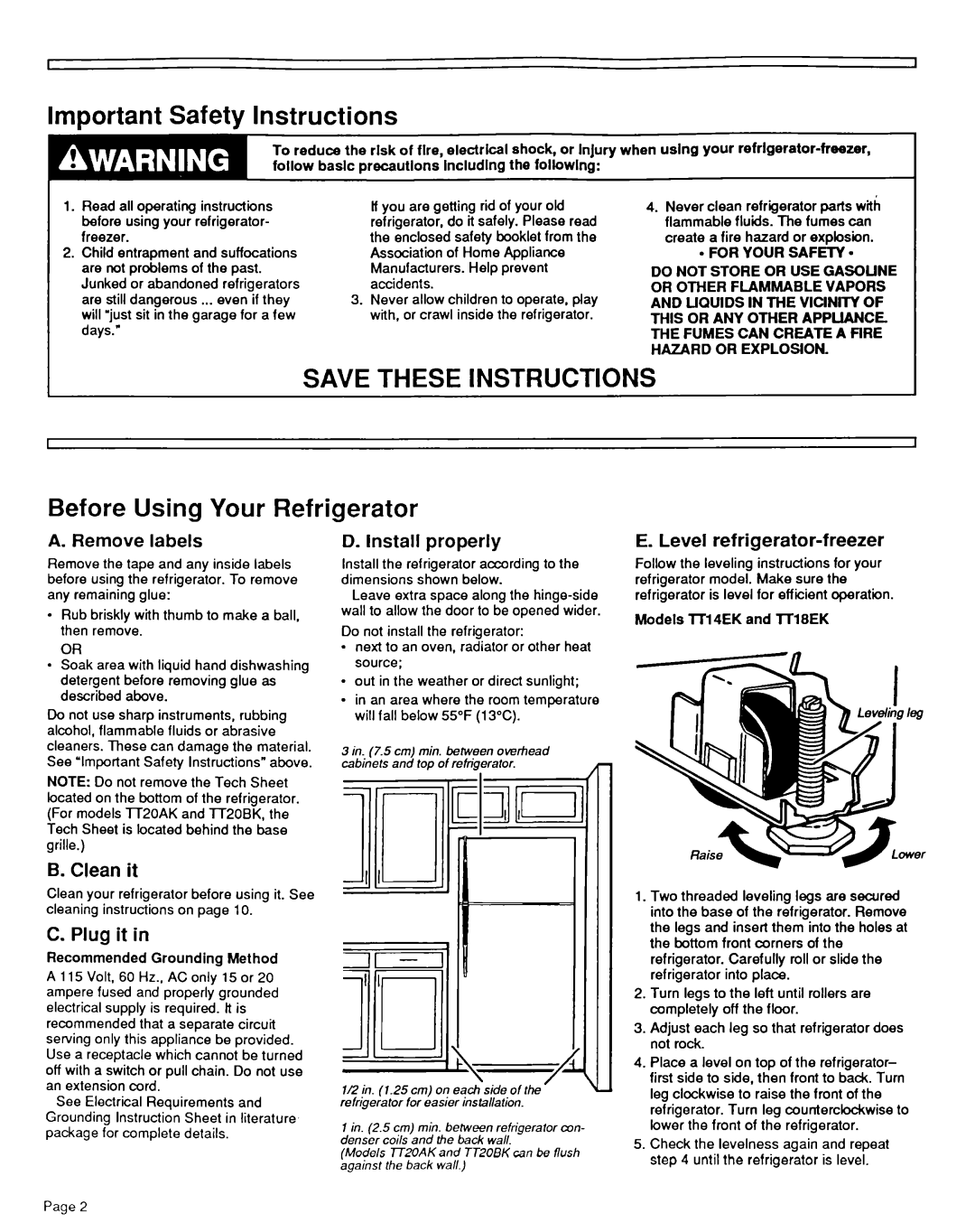 Whirlpool TT2OBK Important Safety Instructions, Save These Instructions, Before Using Your Refrigerator, A. Remove labels 