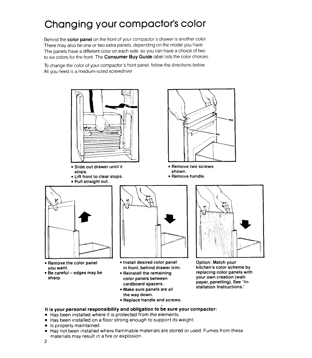 Whirlpool TU 8000 Series manual Changing your compactor3 color, Operating Compactor to Avoid Injury from Moving Parts 