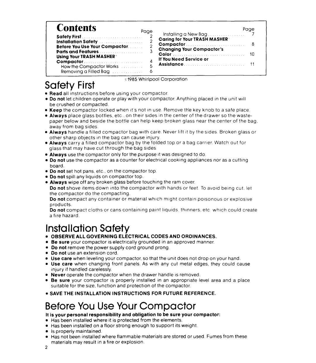 Whirlpool TU 8000 Series, TU 4000 Series, TF 8500 Series, TF 4500 Senes manual Contents, Before You Use Your Compactor 