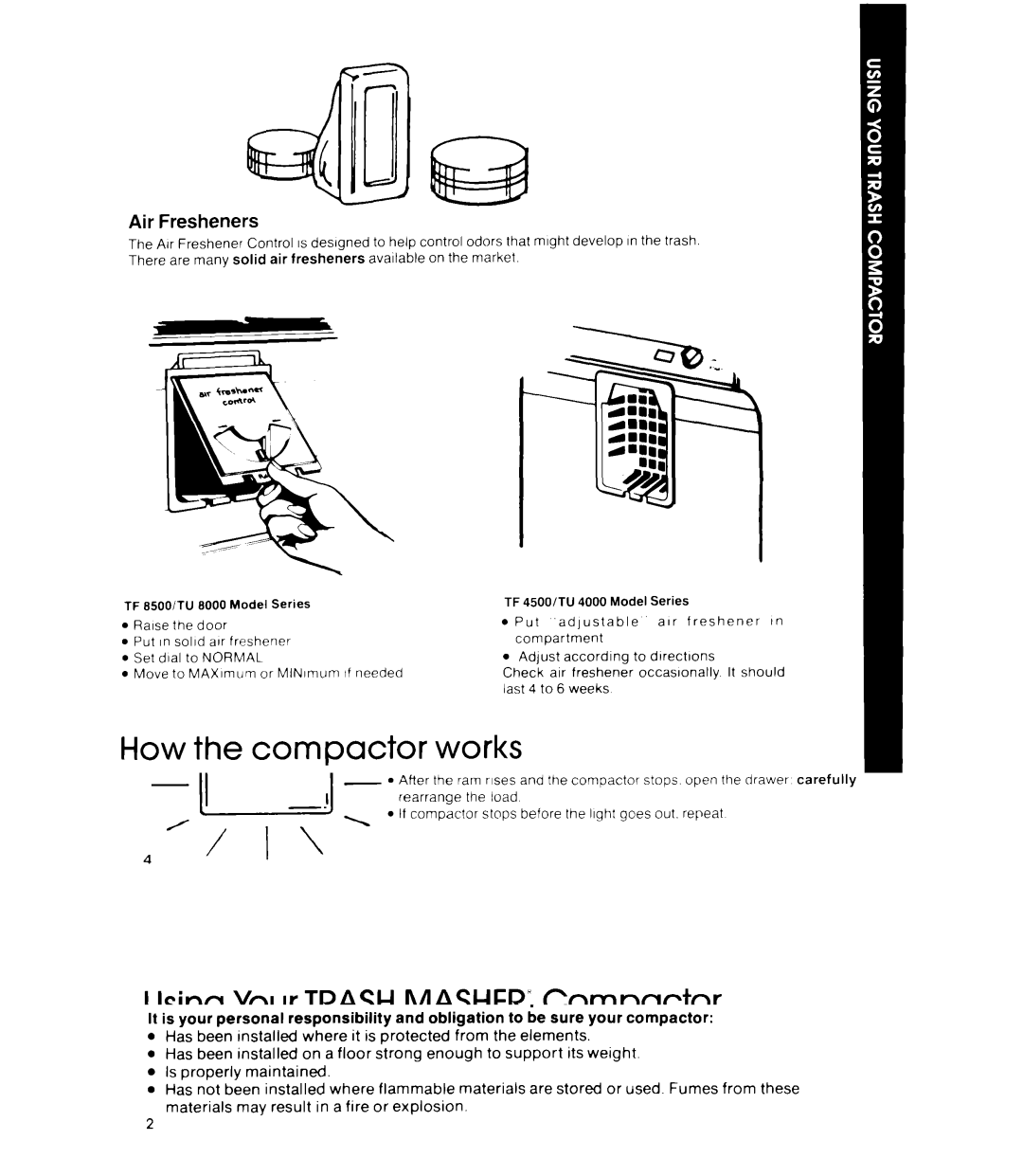 Whirlpool TF 8500 Series, TU 4000 Series, TU 8000 Series, TF 4500 Senes manual How the compactor works, Air Fresheners 