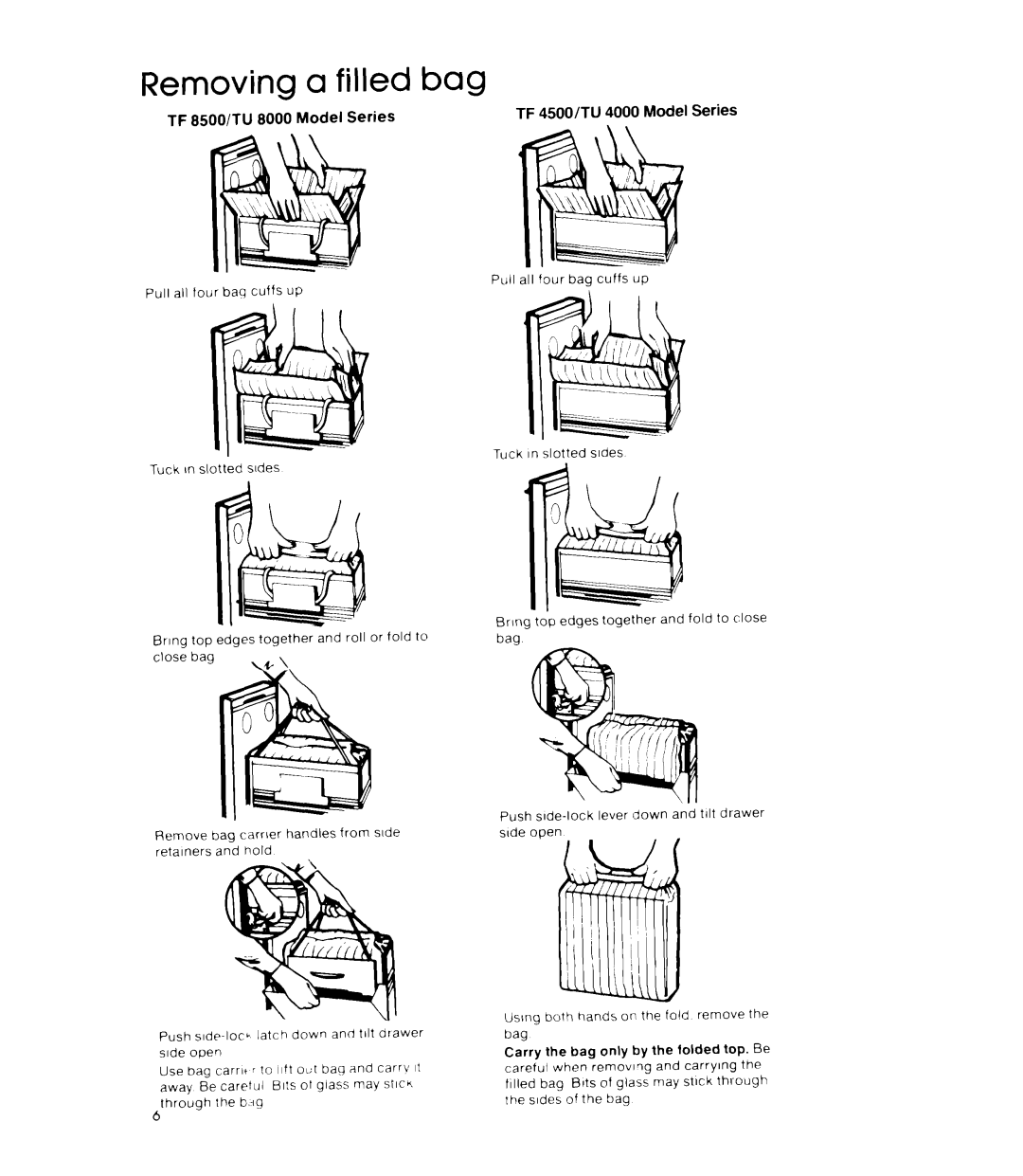 Whirlpool TU 8000 Series, TU 4000 Series Removing a filled bag, TF 8500/TU 8000 Model Series TF 4500/TU 4000 Model Series 