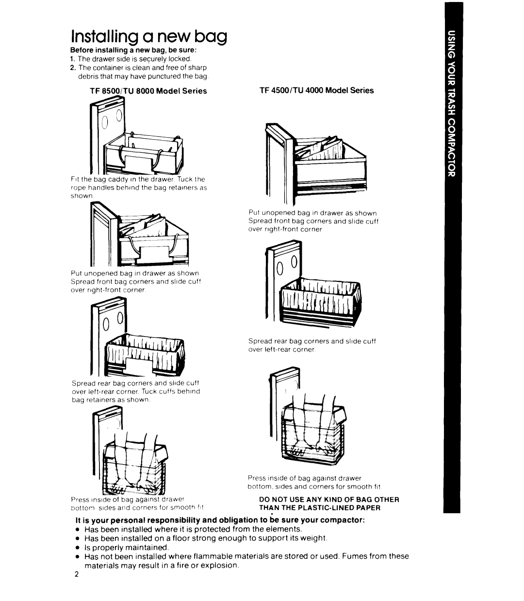 Whirlpool TF 4500 Senes manual Installing a new bag, Before installing a new bag, be sure, TF 85001TU 8000 Model Series 