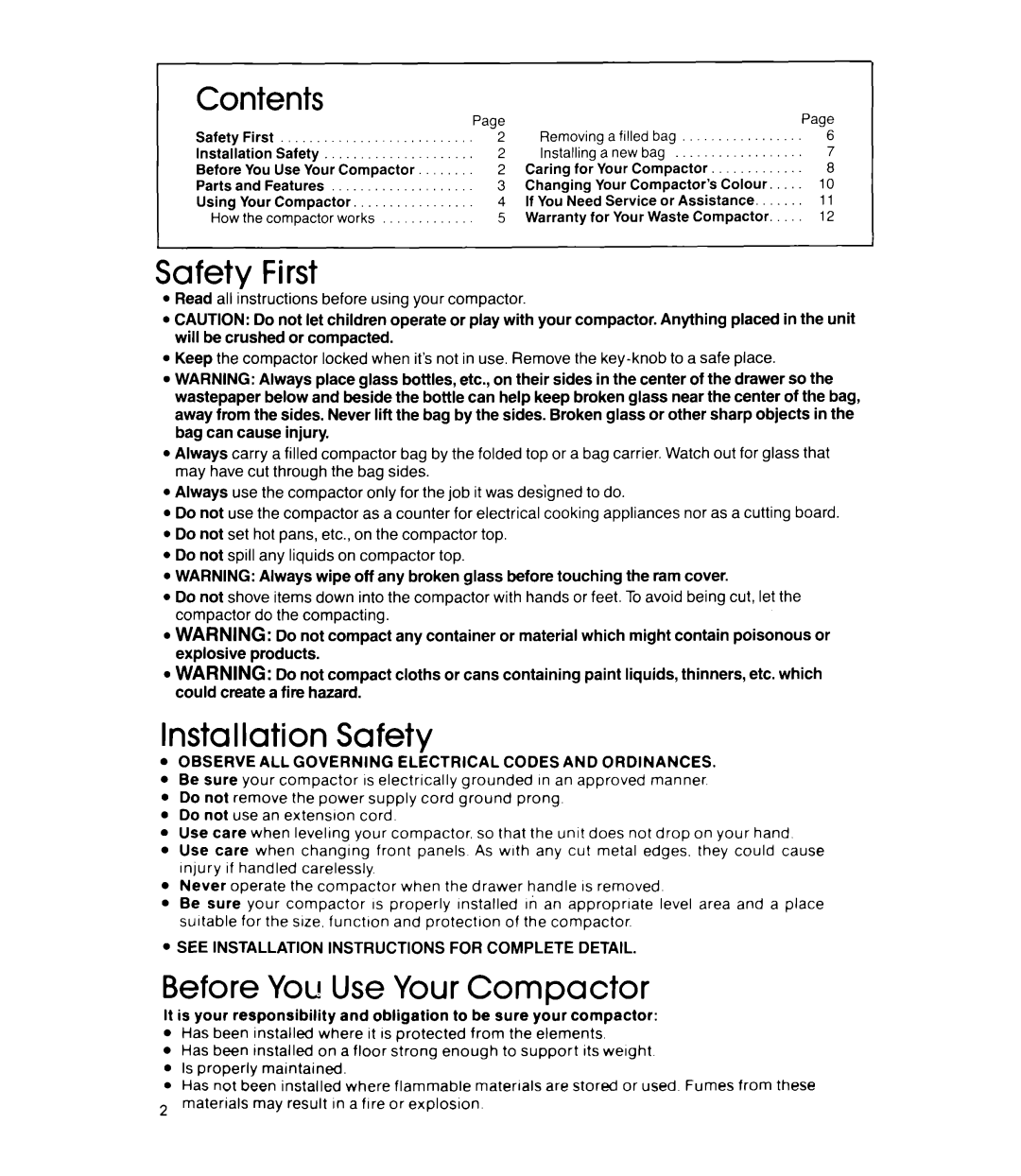 Whirlpool TF 4600, TU 4100, TU 8100 manual Contents, Safety First, Installation Safety, Before You Use Your Compactor 