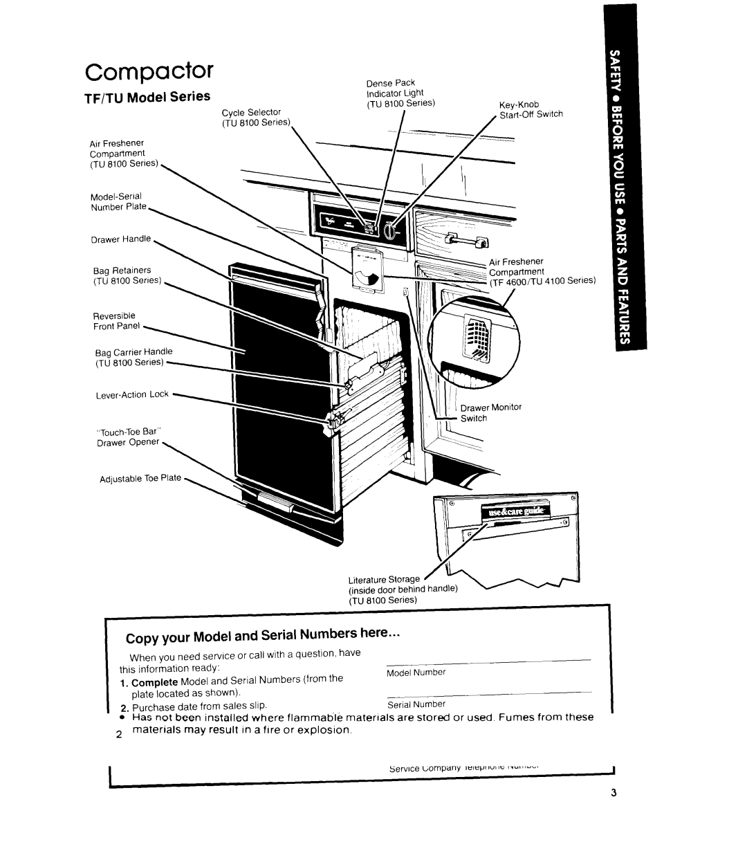 Whirlpool TU 4100, TU 8100, TF 4600 manual Compactor, TF/TU Model Series, Copy your Model and Serial Numbers here 