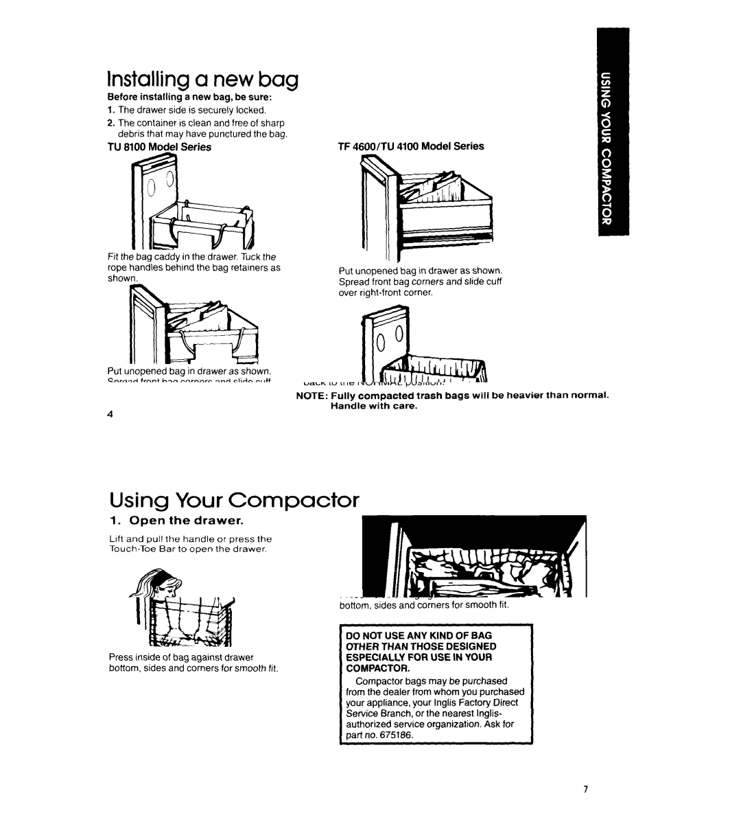 Whirlpool TU 8100, TU 4100, TF 4600 manual Installing a new bag, Authorized service organization. Ask for part no 