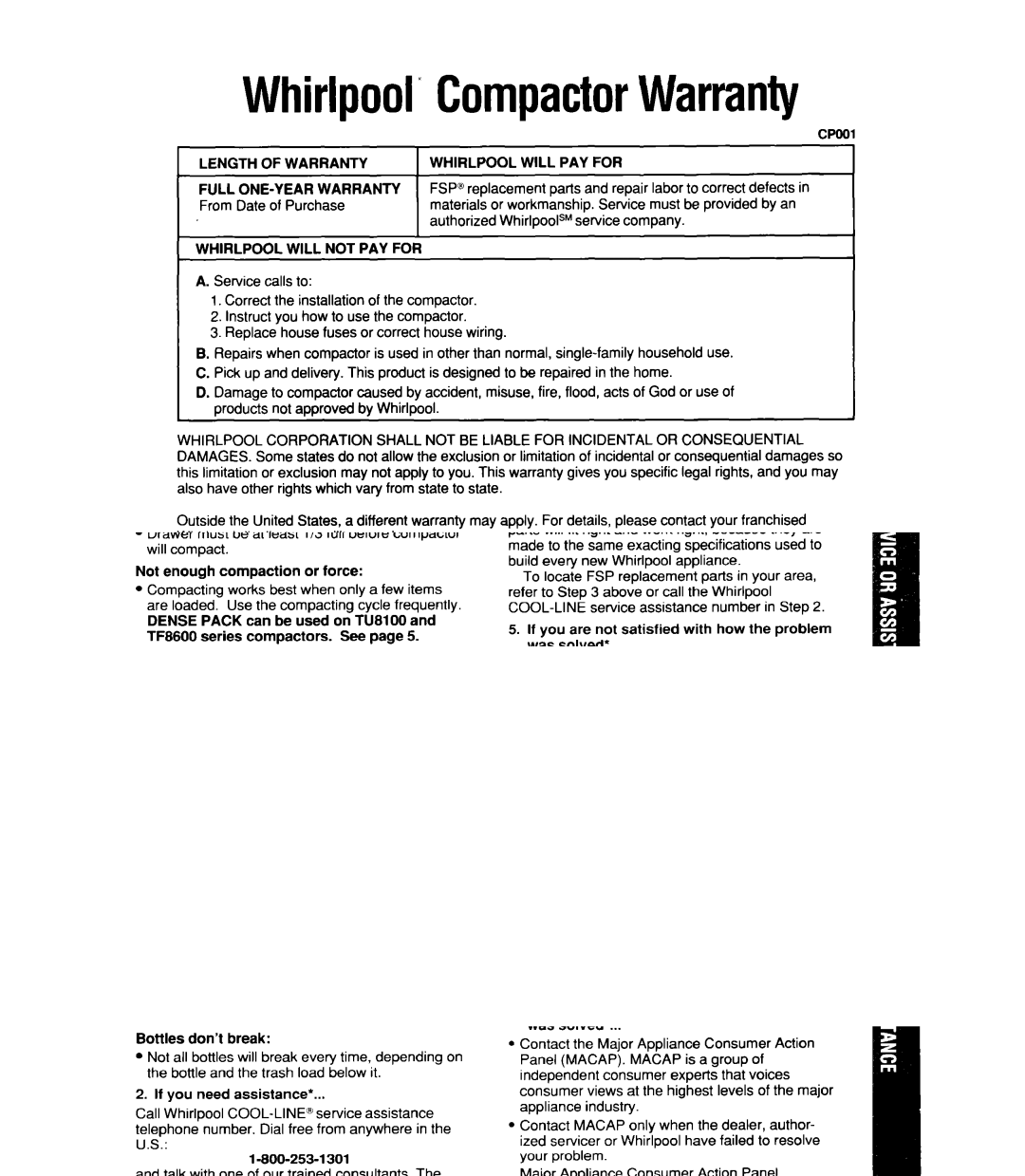 Whirlpool TU4100X, TUSIOOX, TF4600X, TFSGOOX manual WhirlpoolCompactorWarranty, Whirlpool will PAY for 