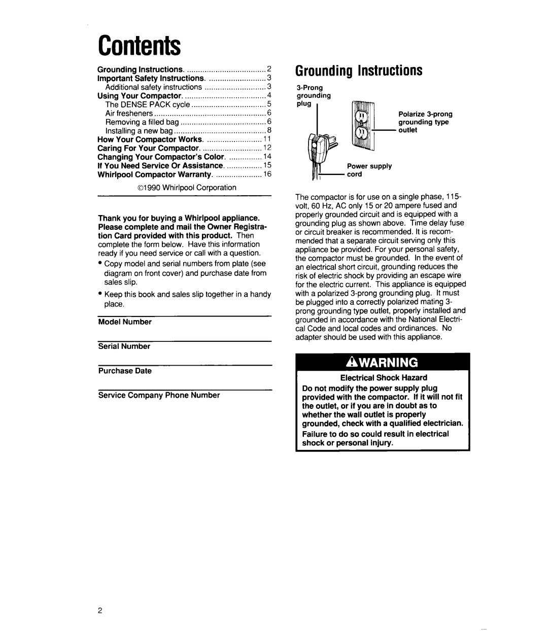 Whirlpool TF4600X, TU4100X, TUSIOOX, TFSGOOX manual Contents 