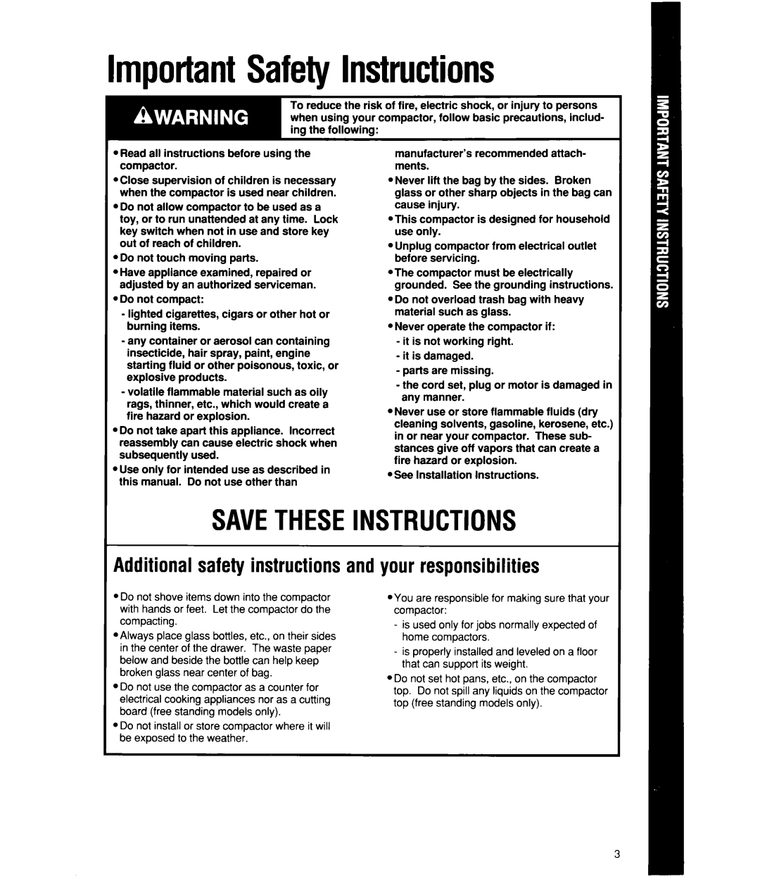 Whirlpool TFSGOOX, TU4100X, TUSIOOX ImportantSafetyInstructions, Additional safety instructions and your responsibilities 