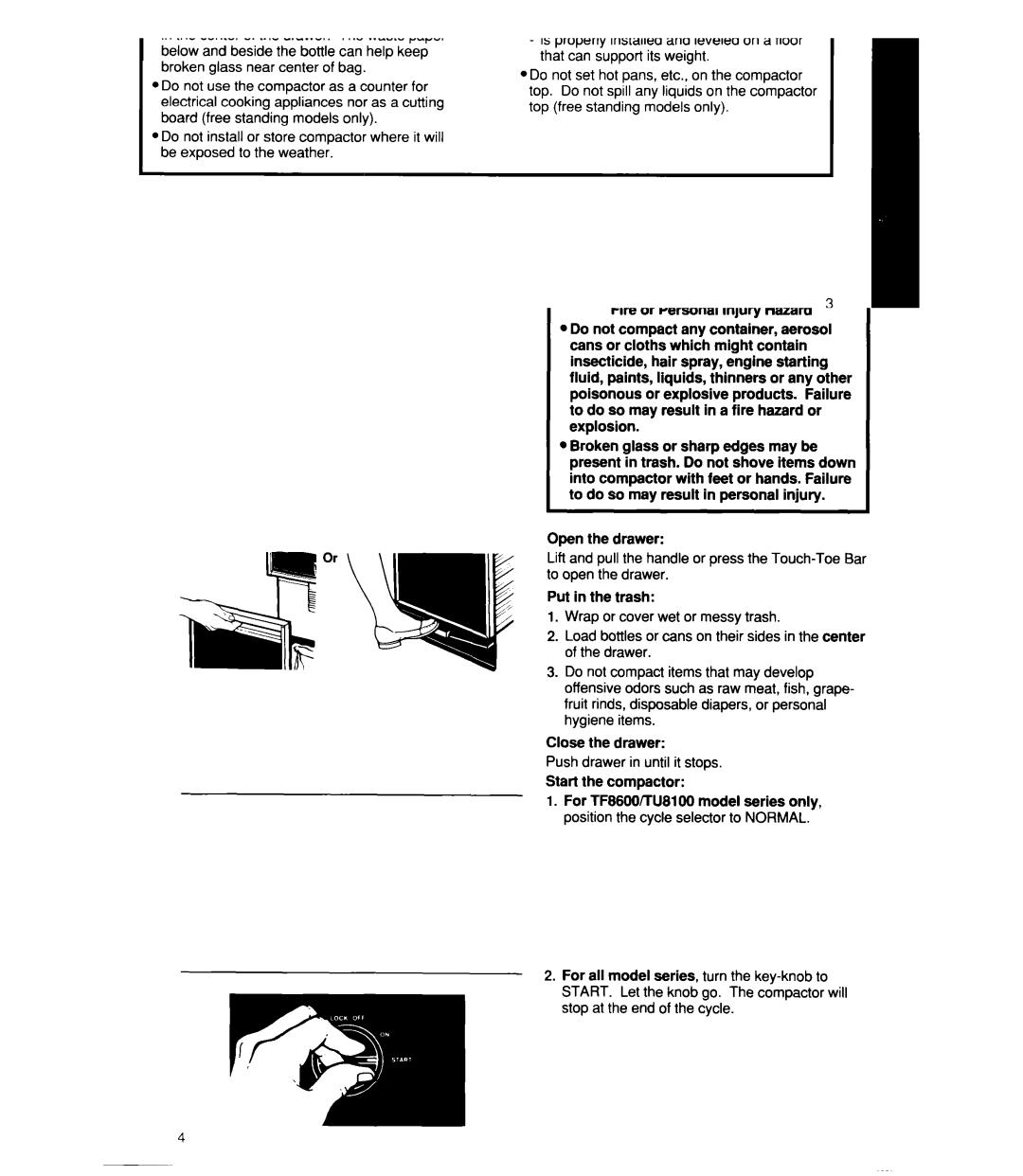 Whirlpool TU4100X, TUSIOOX, TF4600X, TFSGOOX manual UsingYourCompactor 