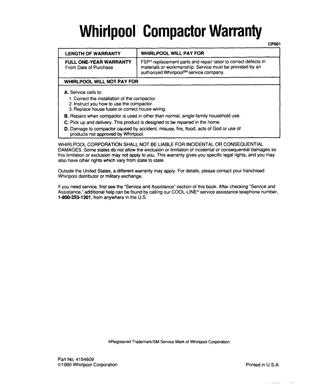 Whirlpool TU4100X, TUSIOOX, TF4600X, TFSGOOX manual Whirlpool”CompactorWarranty 