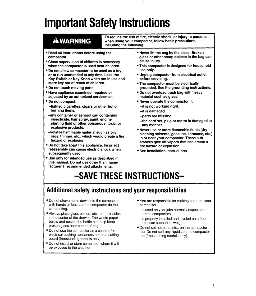 Whirlpool TC8750X, TU4700X, TC4700X ImportantSafetyInstructions, Additional safety instructions and your responsibilities 