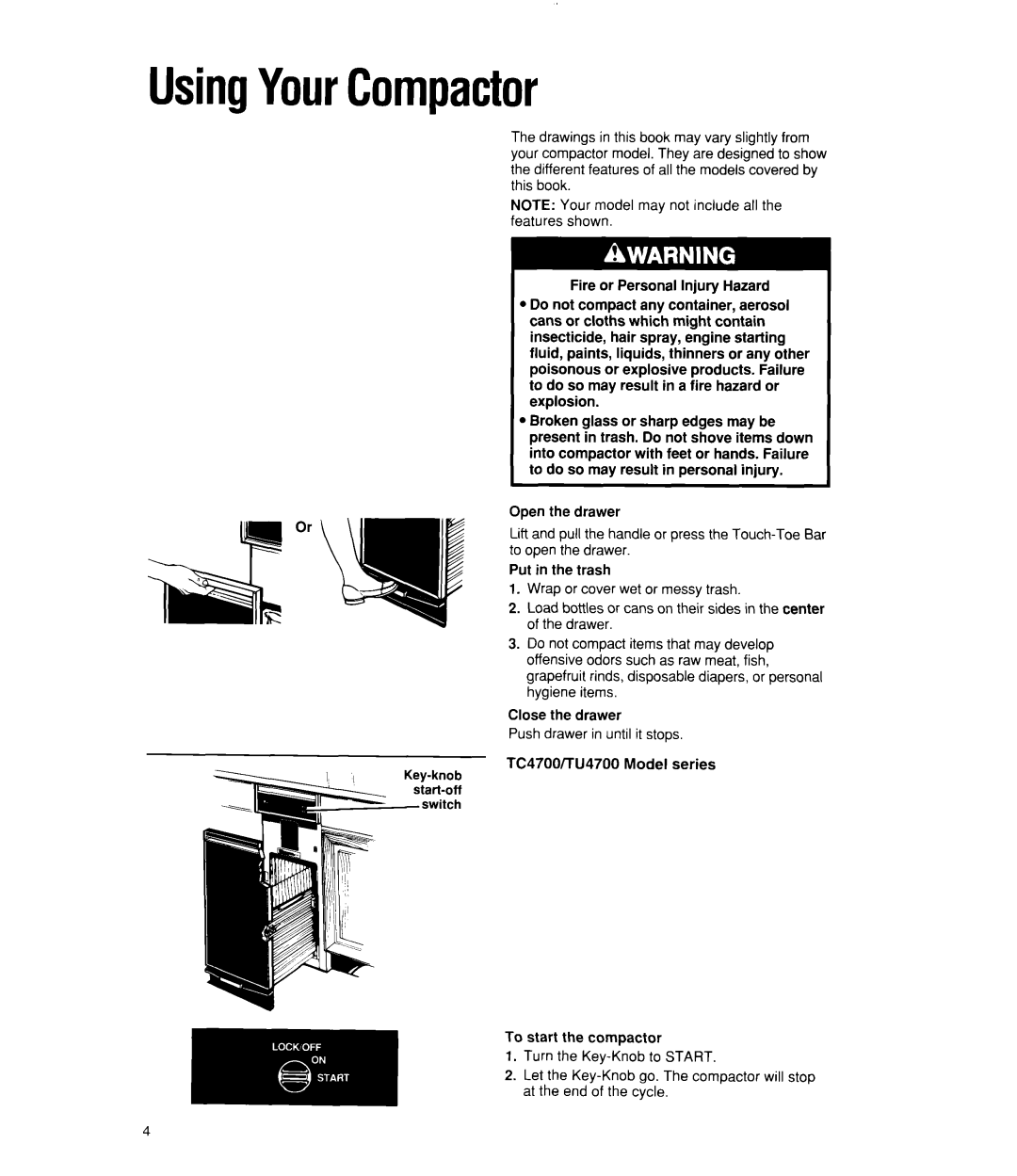 Whirlpool TU4700X, TC4700X, TC8700X, TC8750X manual UsingYourCompactor 