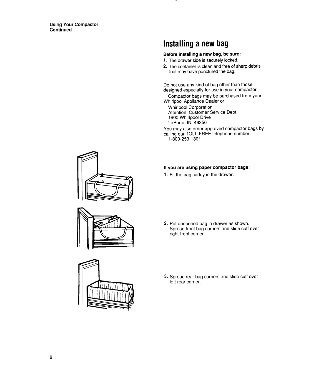 Whirlpool TU4700X, TC4700X, TC8700X, TC8750X manual Installing a new bag 