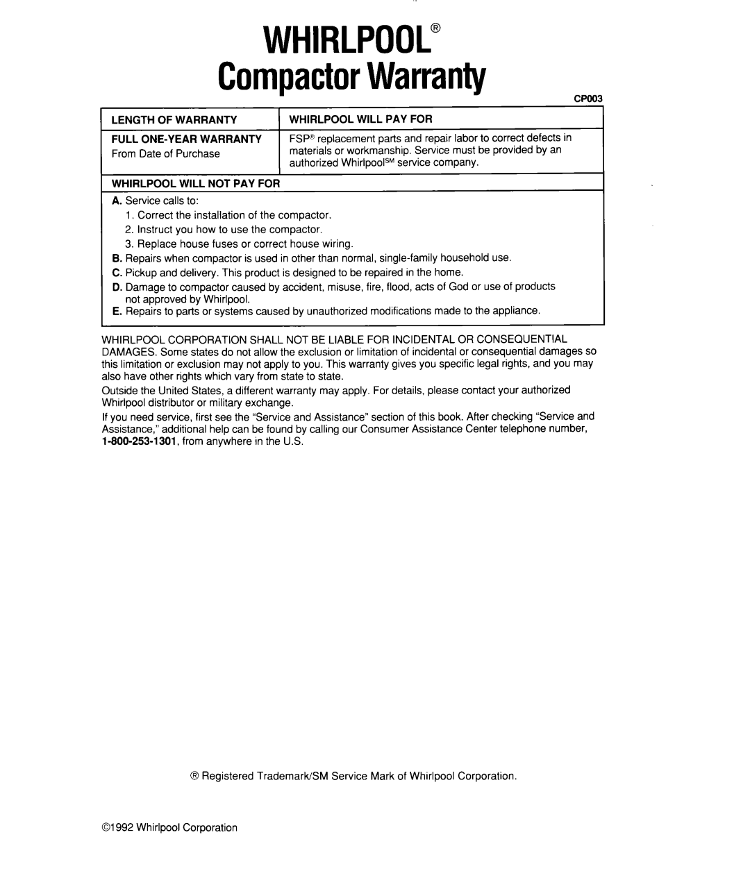 Whirlpool TU4700X, TC4700X, TC8700X, TC8750X manual WHIRLPOOL” CompactorWarranty 