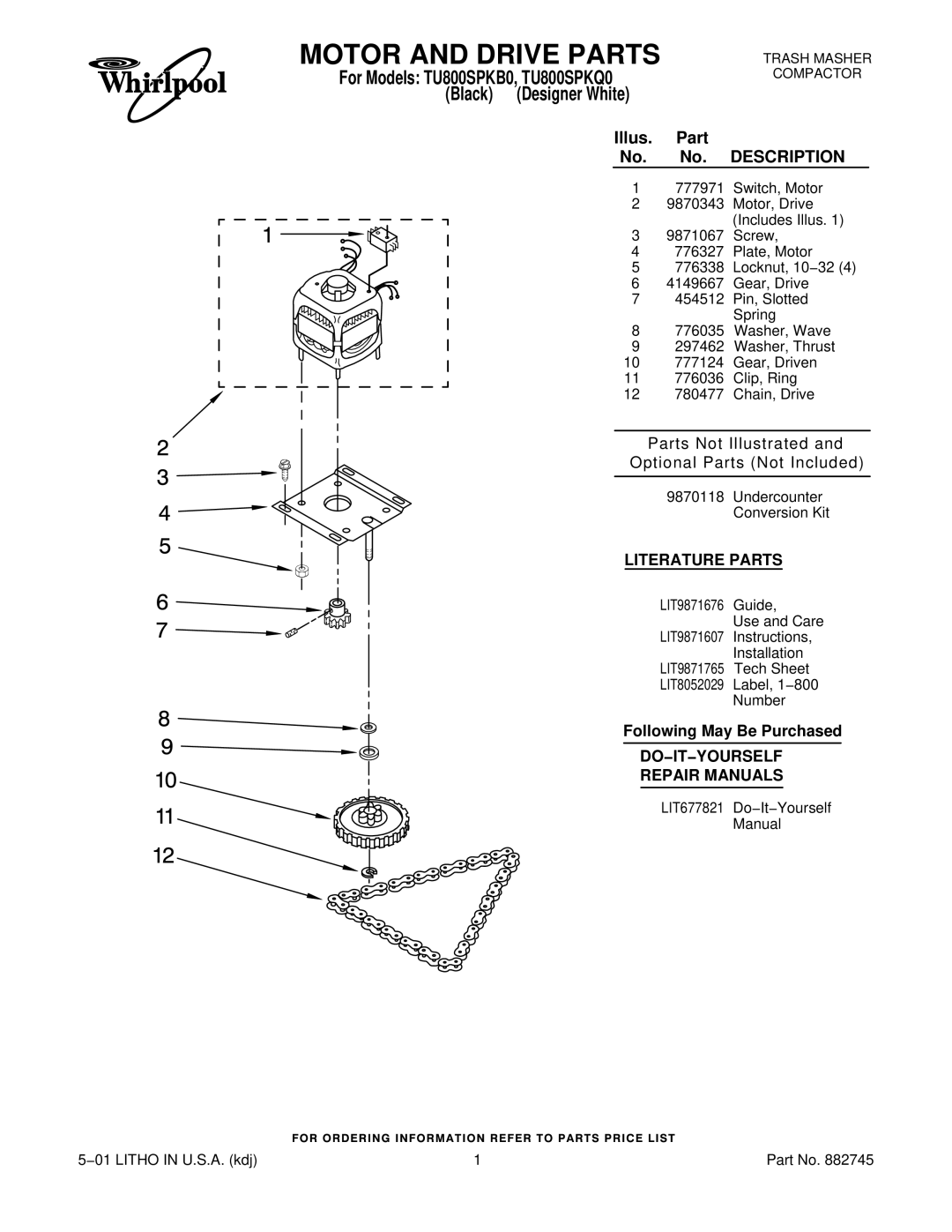 Whirlpool TU800SPKQ0 manual Motor and Drive Parts, Black Designer White, Illus Part, Following May Be Purchased 