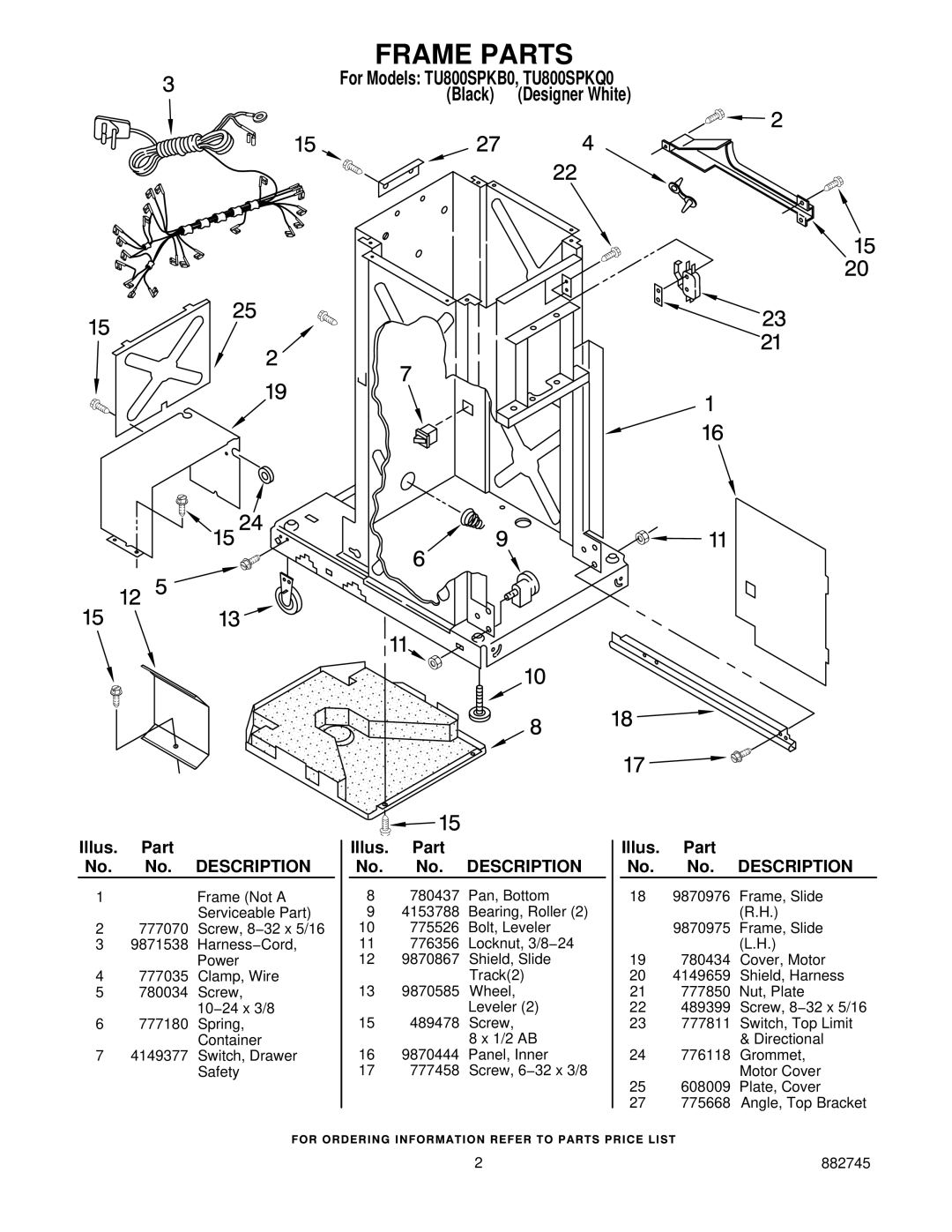 Whirlpool TU800SPKB0, TU800SPKQ0 manual Frame Parts, Illus. Part No. No. Description 