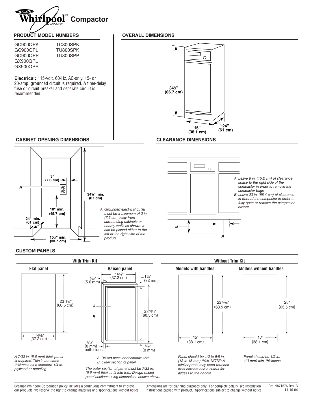 Whirlpool TU800SPK, TU800SPP dimensions Compactor, Product Model Numbers, Cabinet Opening Dimensions Overall Dimensions 