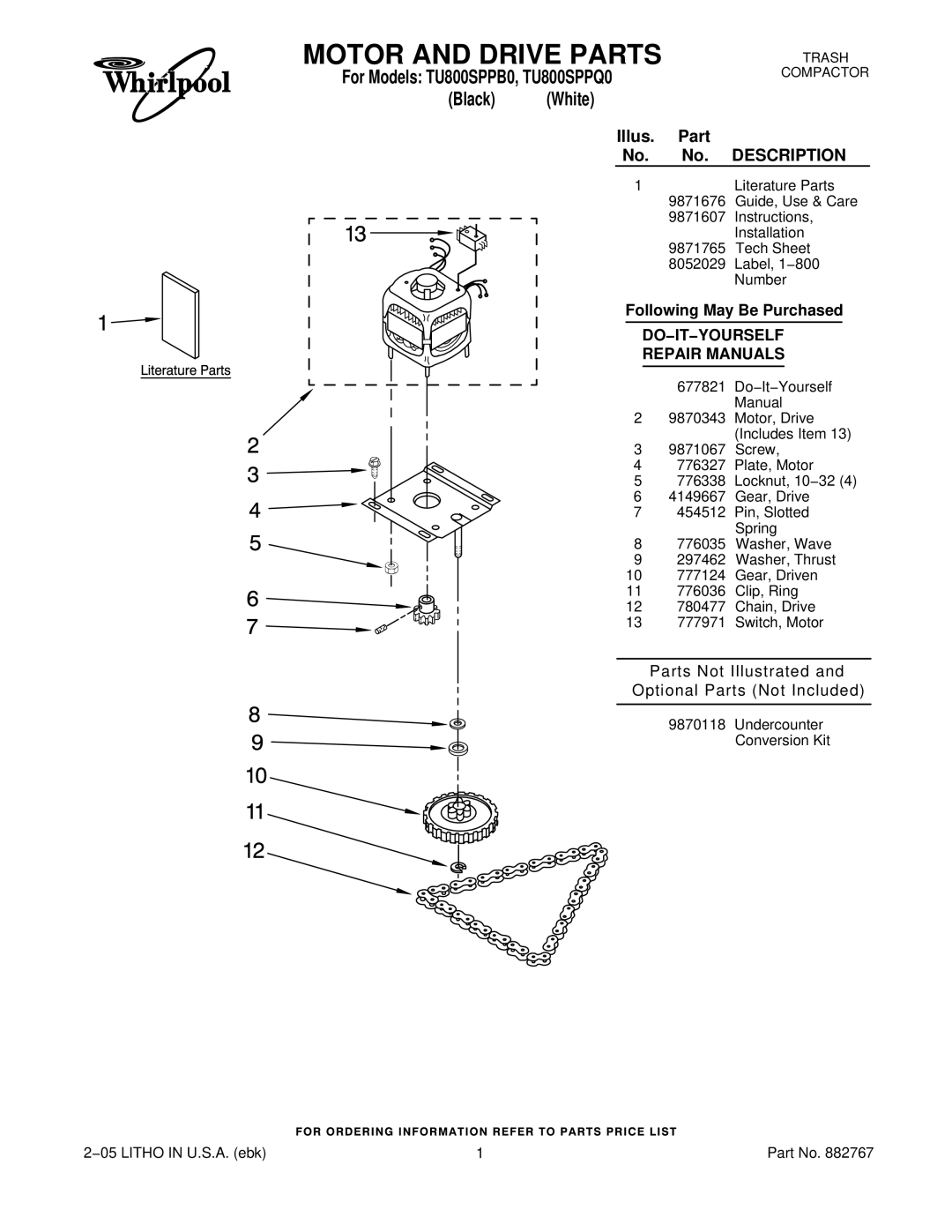 Whirlpool manual Motor and Drive Parts, For Models TU800SPPB0, TU800SPPQ0 Black White 