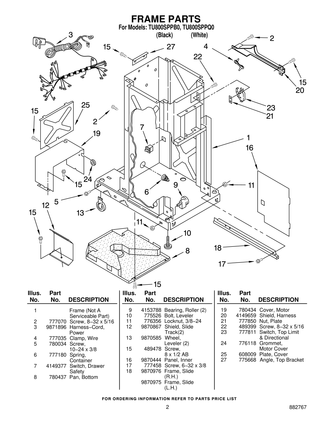 Whirlpool TU800SPPB0, TU800SPPQ0 manual Frame Parts 