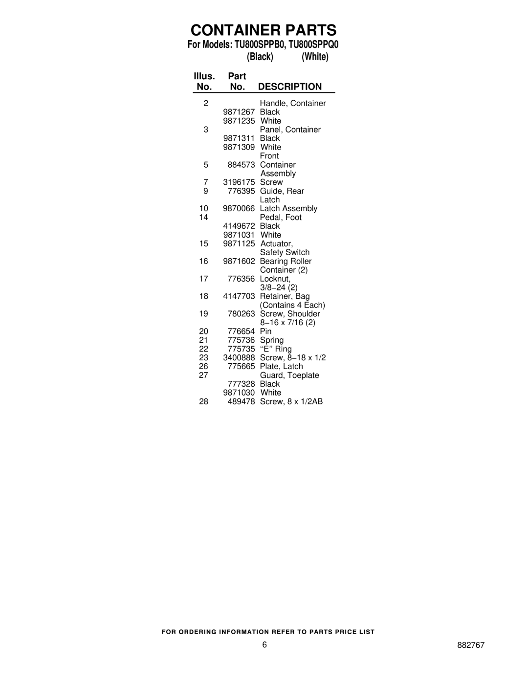 Whirlpool TU800SPPB0, TU800SPPQ0 manual Illus. Part No. No. Description 