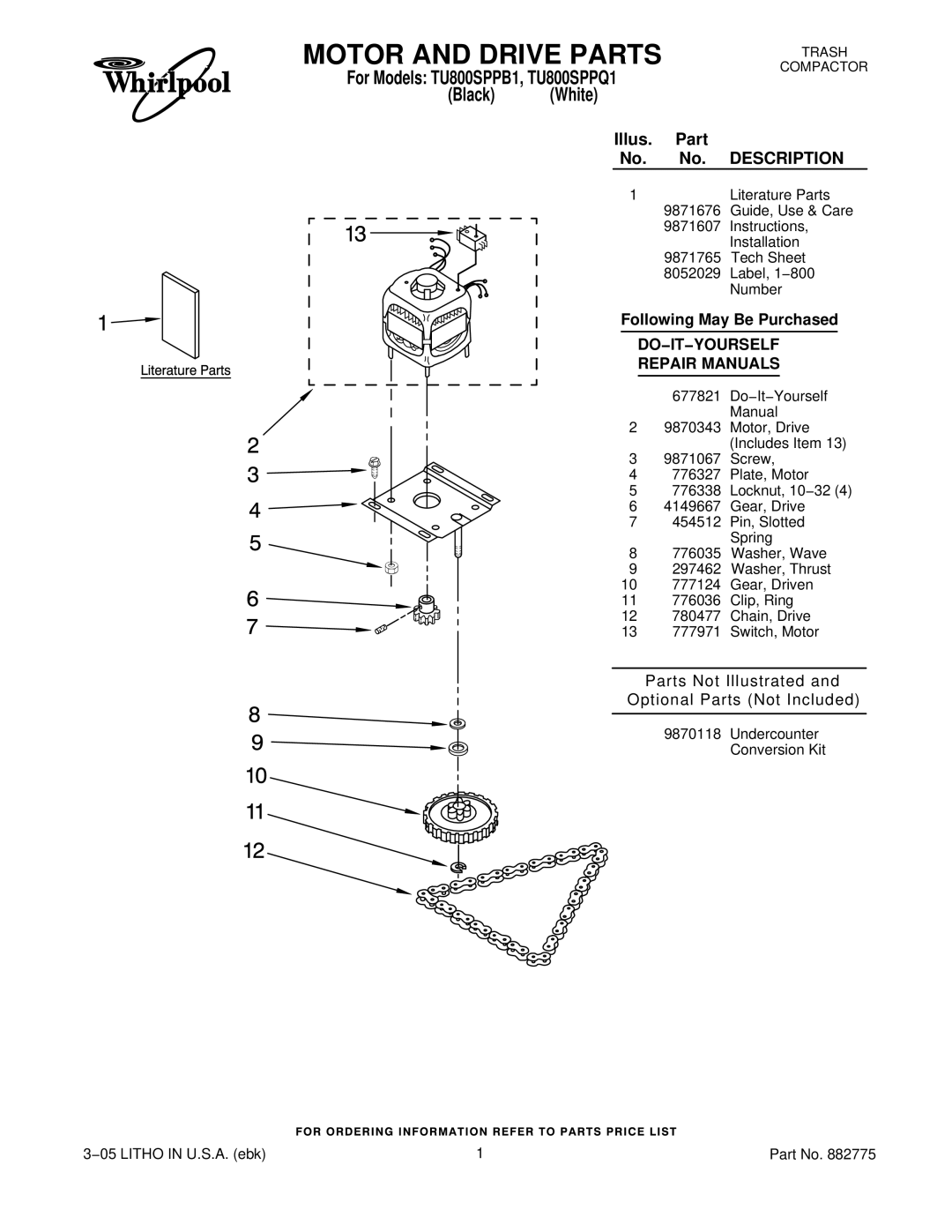 Whirlpool TU800SPPQ1, TU800SPPB1 manual Motor and Drive Parts, Black White 