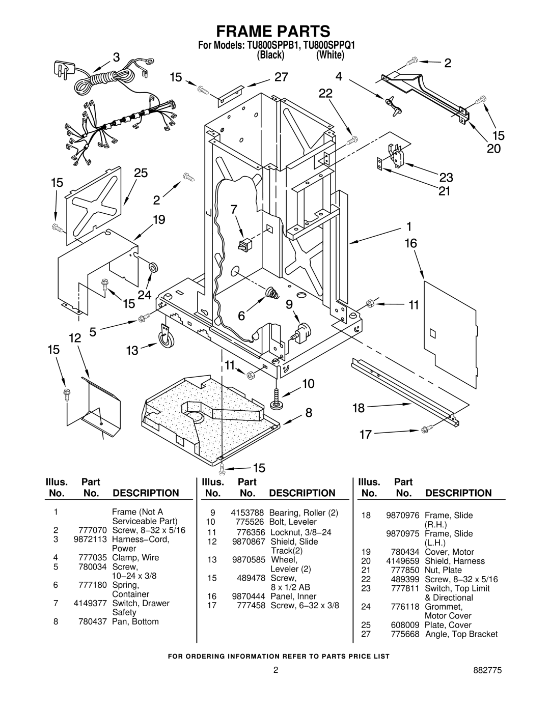 Whirlpool manual Frame Parts, For Models TU800SPPB1, TU800SPPQ1 Black White 