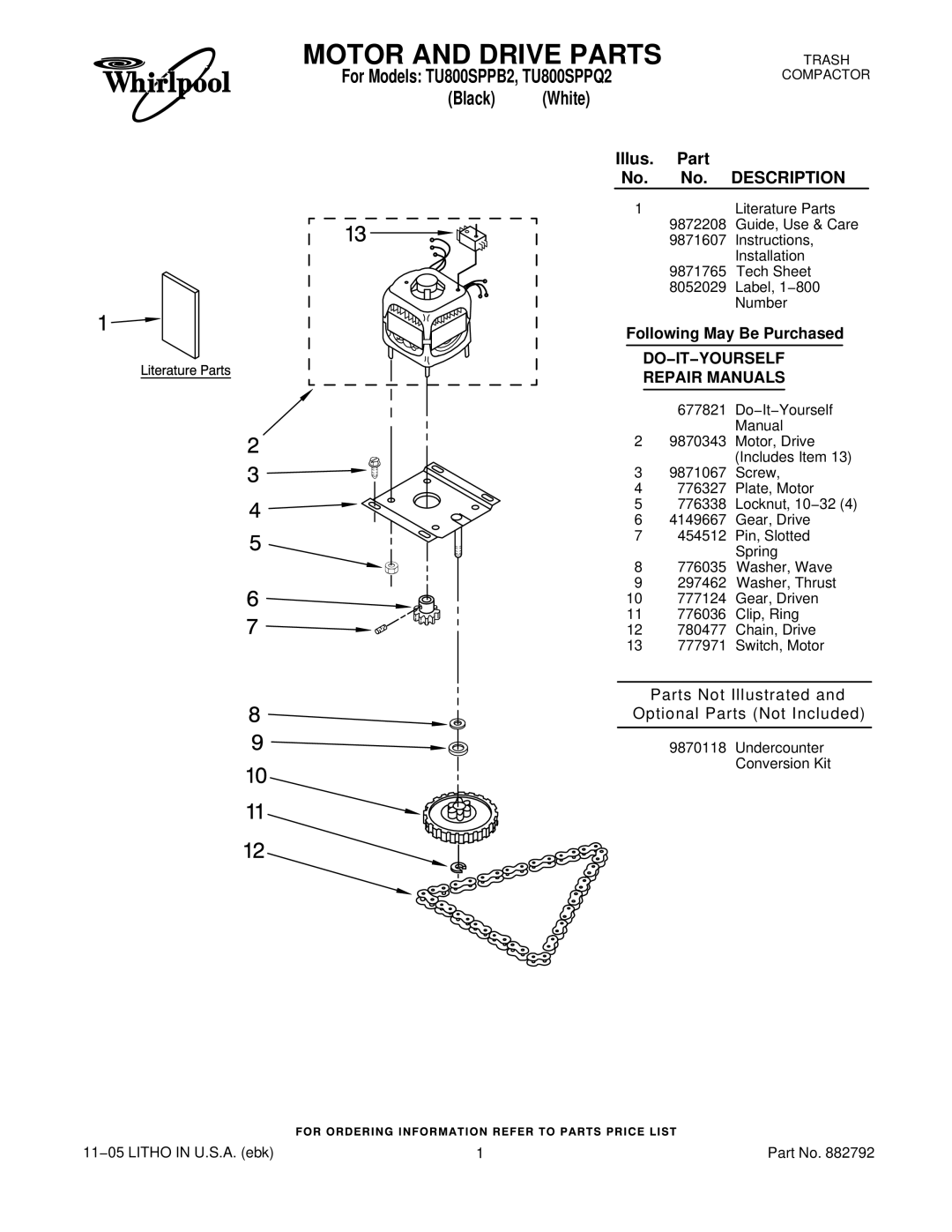 Whirlpool TU800SPPQ2, TU800SPPB2 manual Motor and Drive Parts, Black 