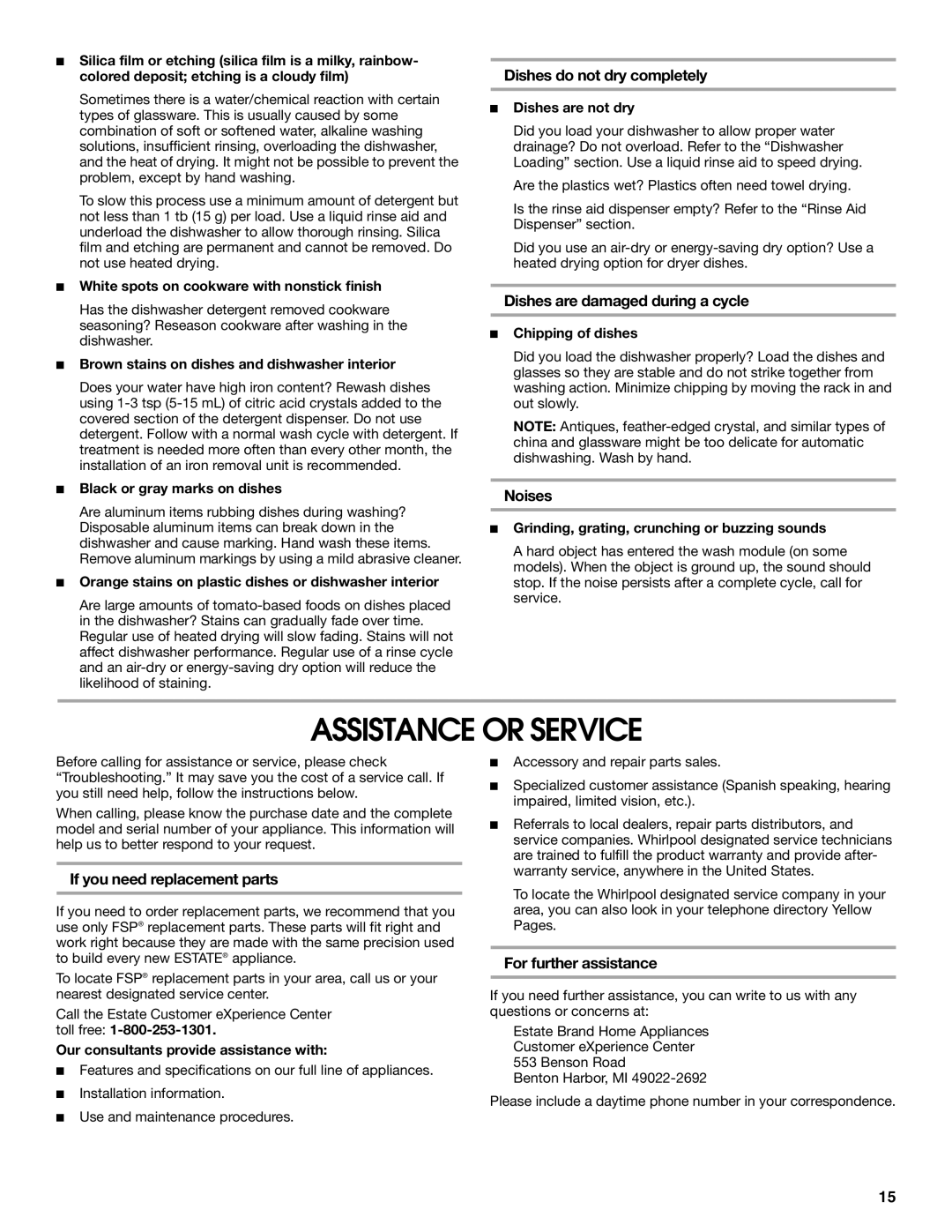 Whirlpool TUD1000R manual Assistance or Service 