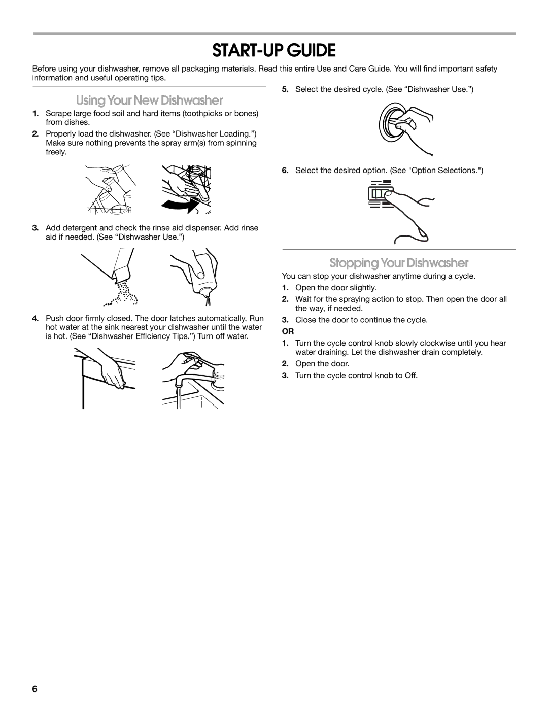 Whirlpool TUD1000R manual START-UP Guide, Using Your New Dishwasher, Stopping Your Dishwasher 