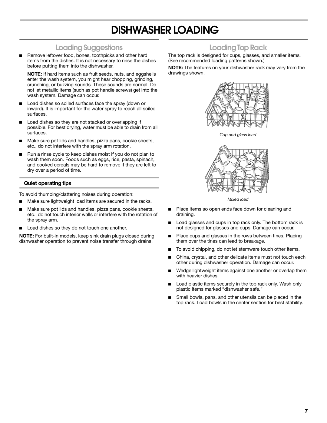 Whirlpool TUD1000R manual Dishwasher Loading, Loading Suggestions, Loading Top Rack, Quiet operating tips 