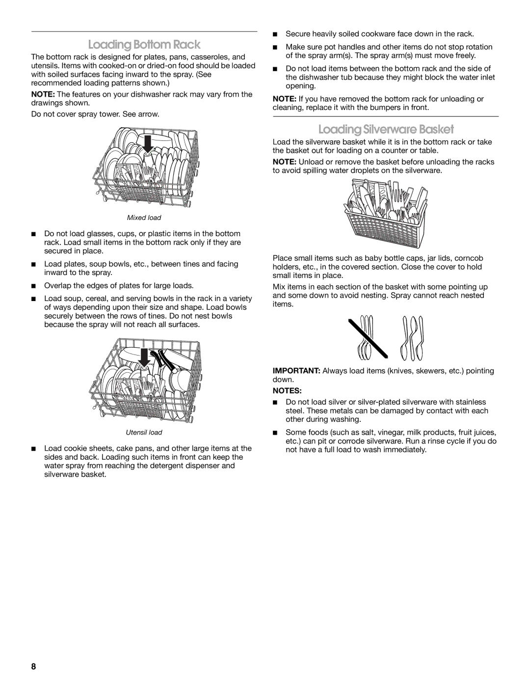 Whirlpool TUD1000R manual Loading Bottom Rack, Loading Silverware Basket 