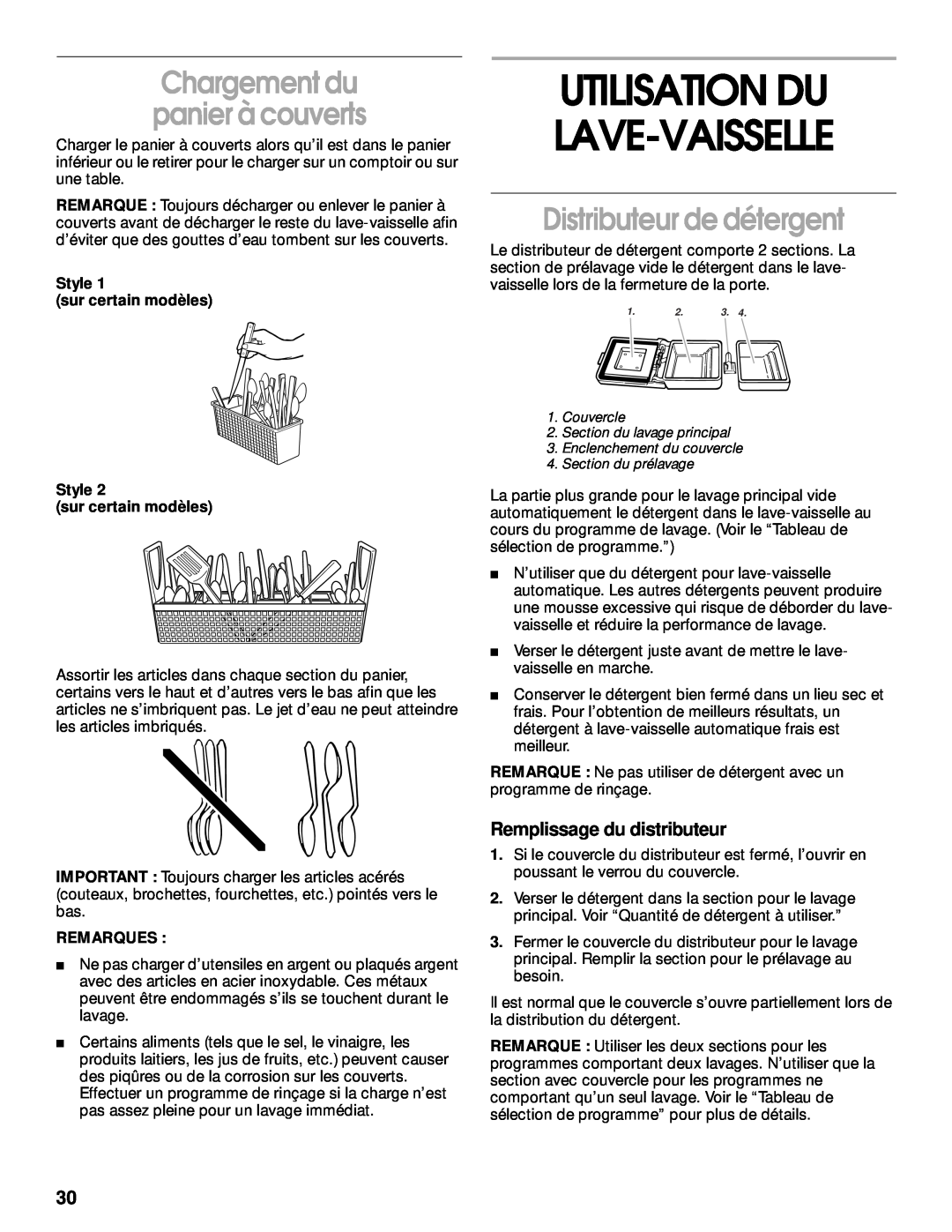 Whirlpool TUD5700, TUD400 manual Utilisation Du Lave-Vaisselle, Distributeur de détergent, Chargement du panier à couverts 