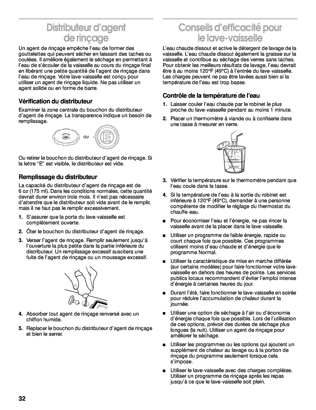 Whirlpool TUD5700, TUD400 manual Distributeur d’agent de rinçage, Conseils d’efficacité pour le lave-vaisselle 