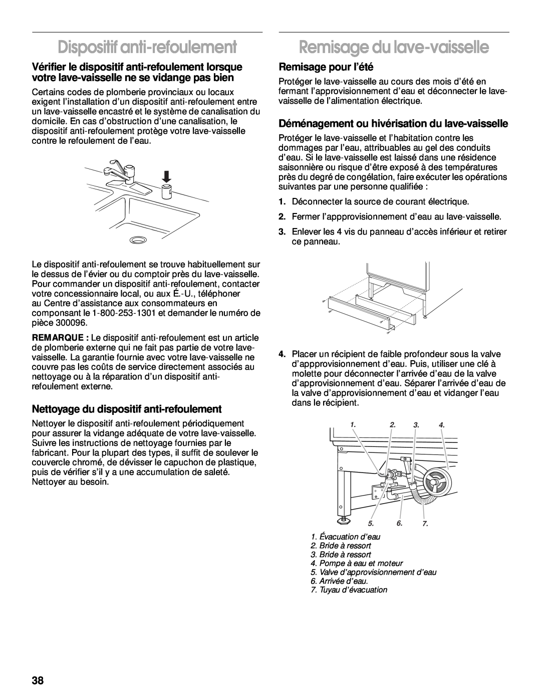 Whirlpool TUD5700 manual Dispositif anti-refoulement, Remisage du lave-vaisselle, Nettoyage du dispositif anti-refoulement 