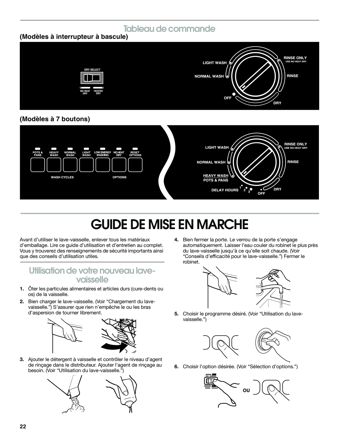 Whirlpool UNDERCOUNTER, TUD5700 Guide De Mise En Marche, Tableau de commande, Utilisation de votre nouveau lave vaisselle 