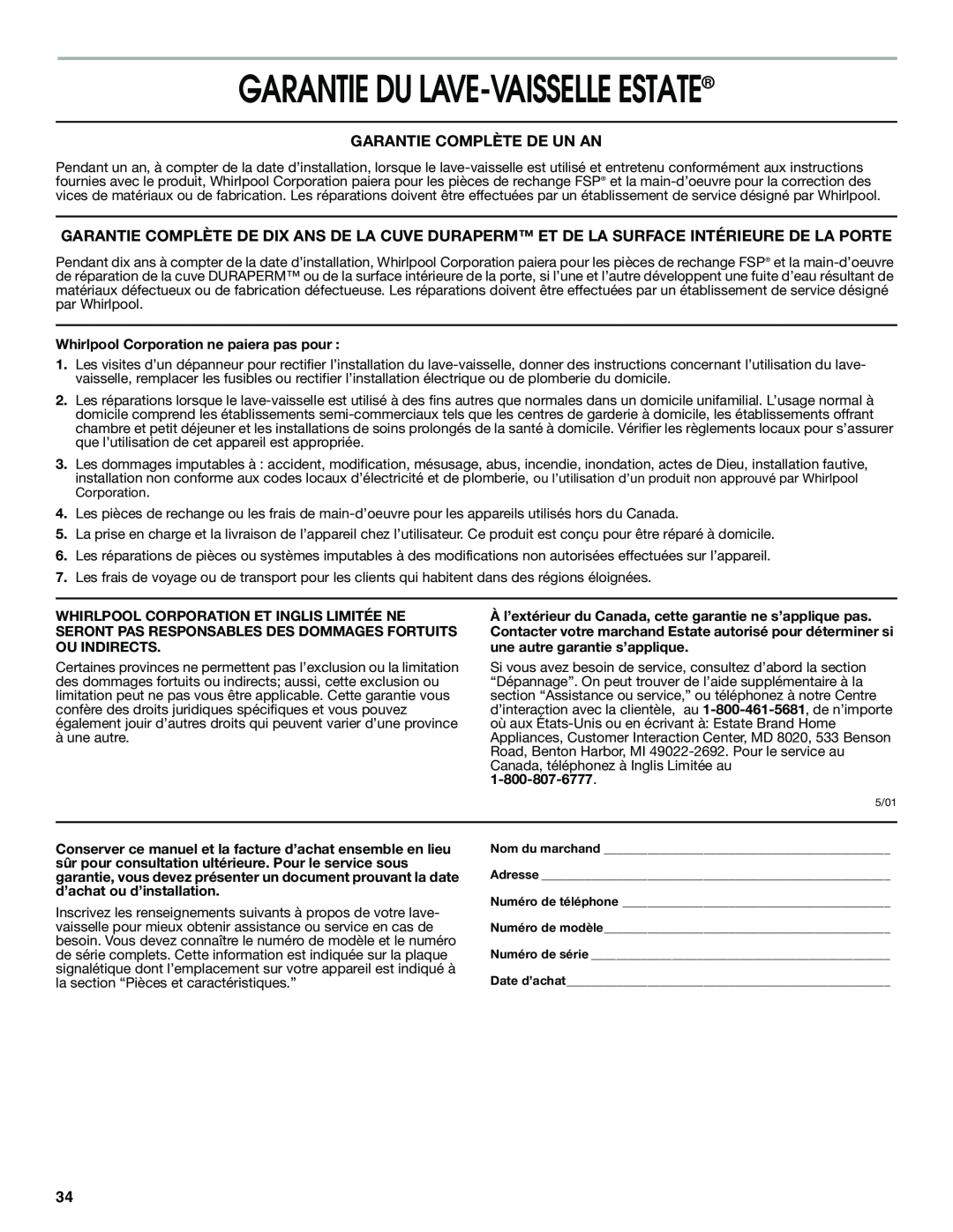 Whirlpool UNDERCOUNTER, TUD5700, TUD4700 manual Garantie Du Lave-Vaisselleestate, Garantie Complète De Un An 