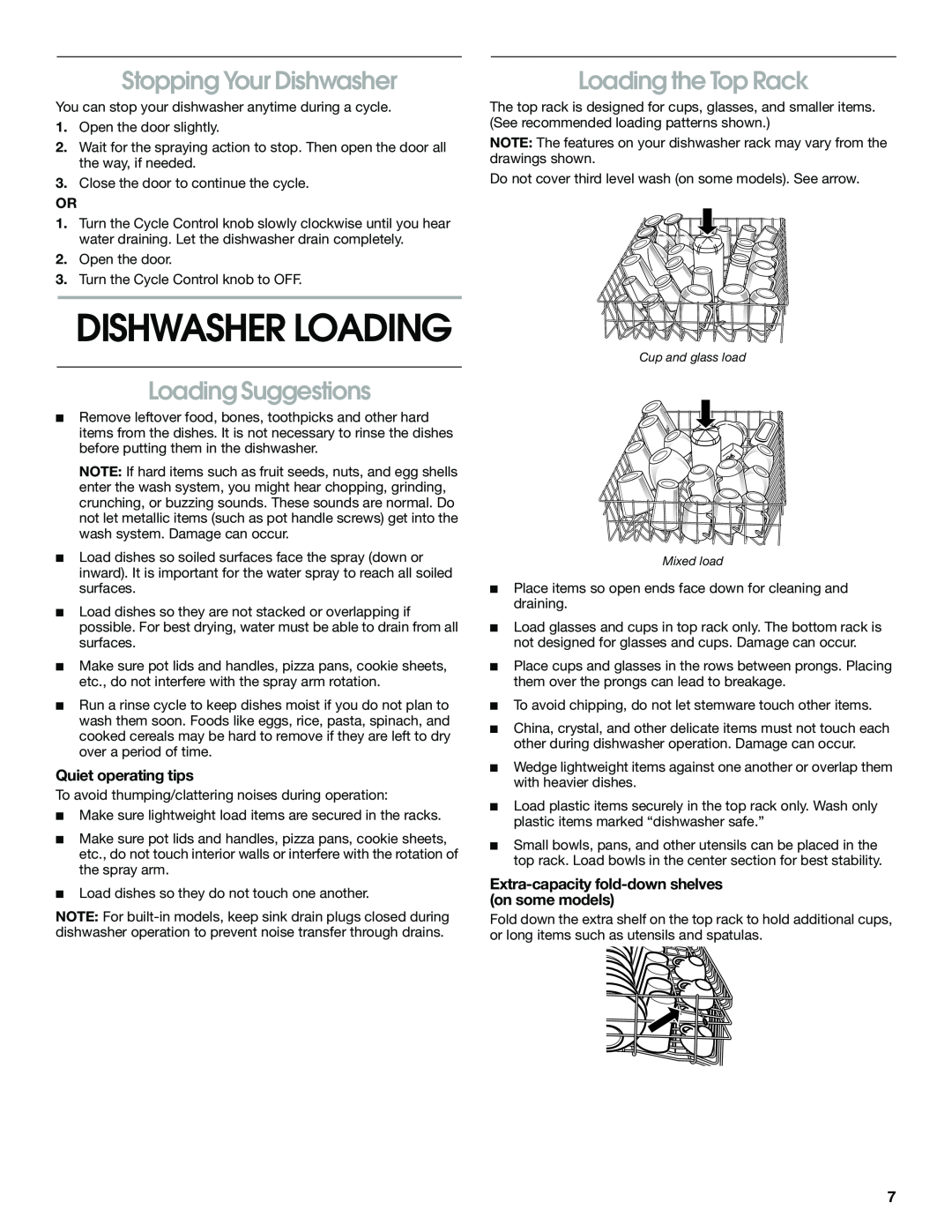Whirlpool UNDERCOUNTER, TUD5700 Dishwasher Loading, Stopping Your Dishwasher, Loading Suggestions, Loading the Top Rack 