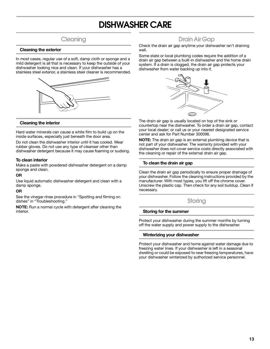 Whirlpool TUD670OP manual Dishwasher Care, Cleaning, Drain Air Gap, Storing 