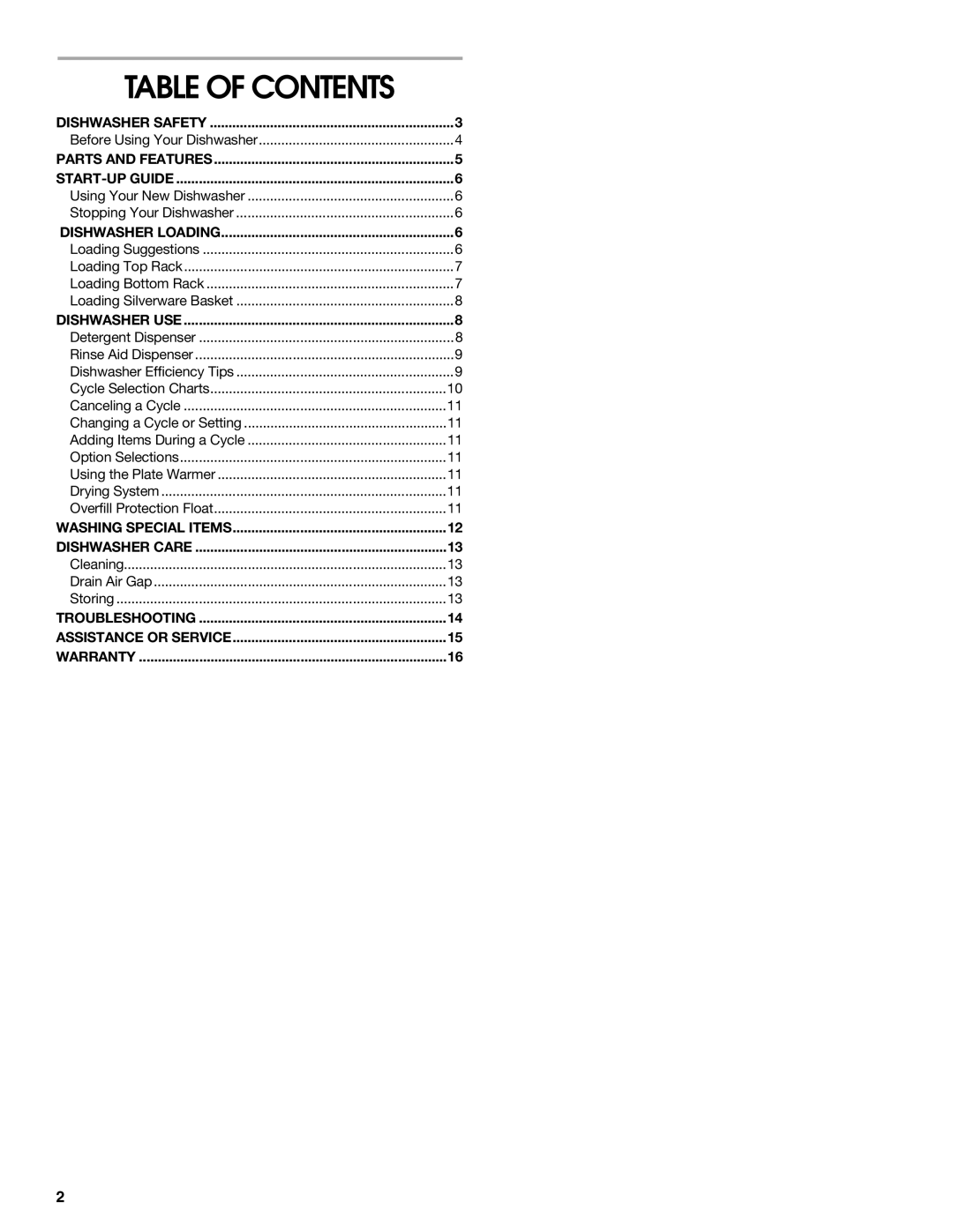 Whirlpool TUD670OP manual Table of Contents 