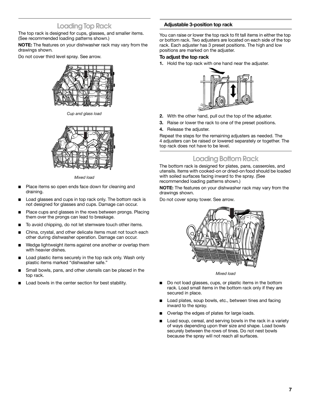 Whirlpool TUD670OP manual Loading Top Rack, Loading Bottom Rack, Adjustable 3-position top rack, To adjust the top rack 