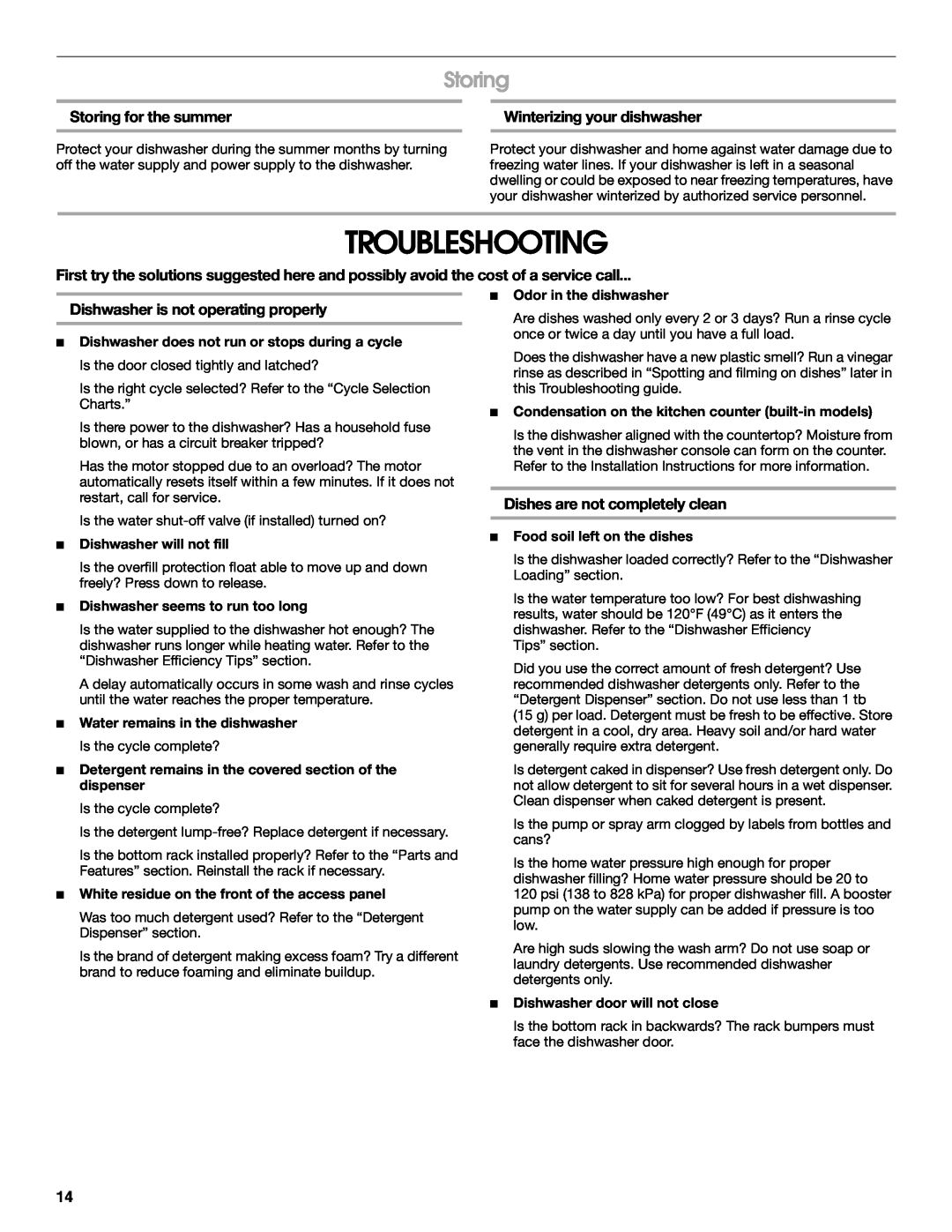 Whirlpool TUD6900 manual Troubleshooting, Storing for the summer, Winterizing your dishwasher, Dishwasher will not fill 