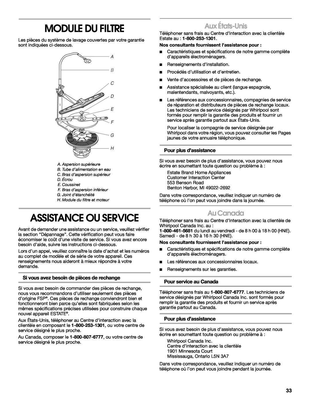 Whirlpool TUD6900 Module Du Filtre, Assistance Ou Service, Aux États-Unis, Au Canada, Pour plus d’assistance, A B C D E F 