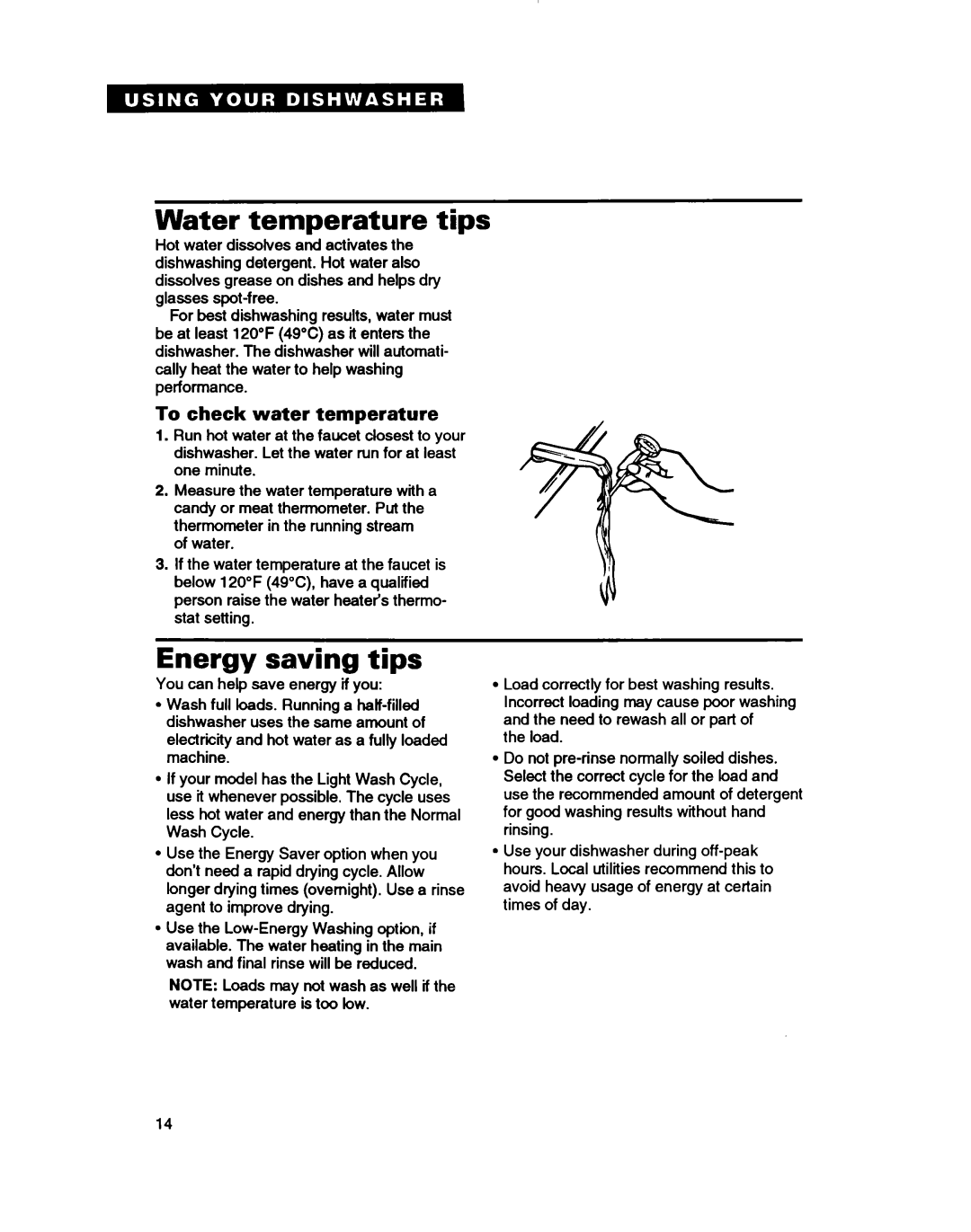 Whirlpool TUD5000, TUD7000, TUD3000, TUD2000 warranty Water temperature tips, Energy saving tips, To check water temperature 