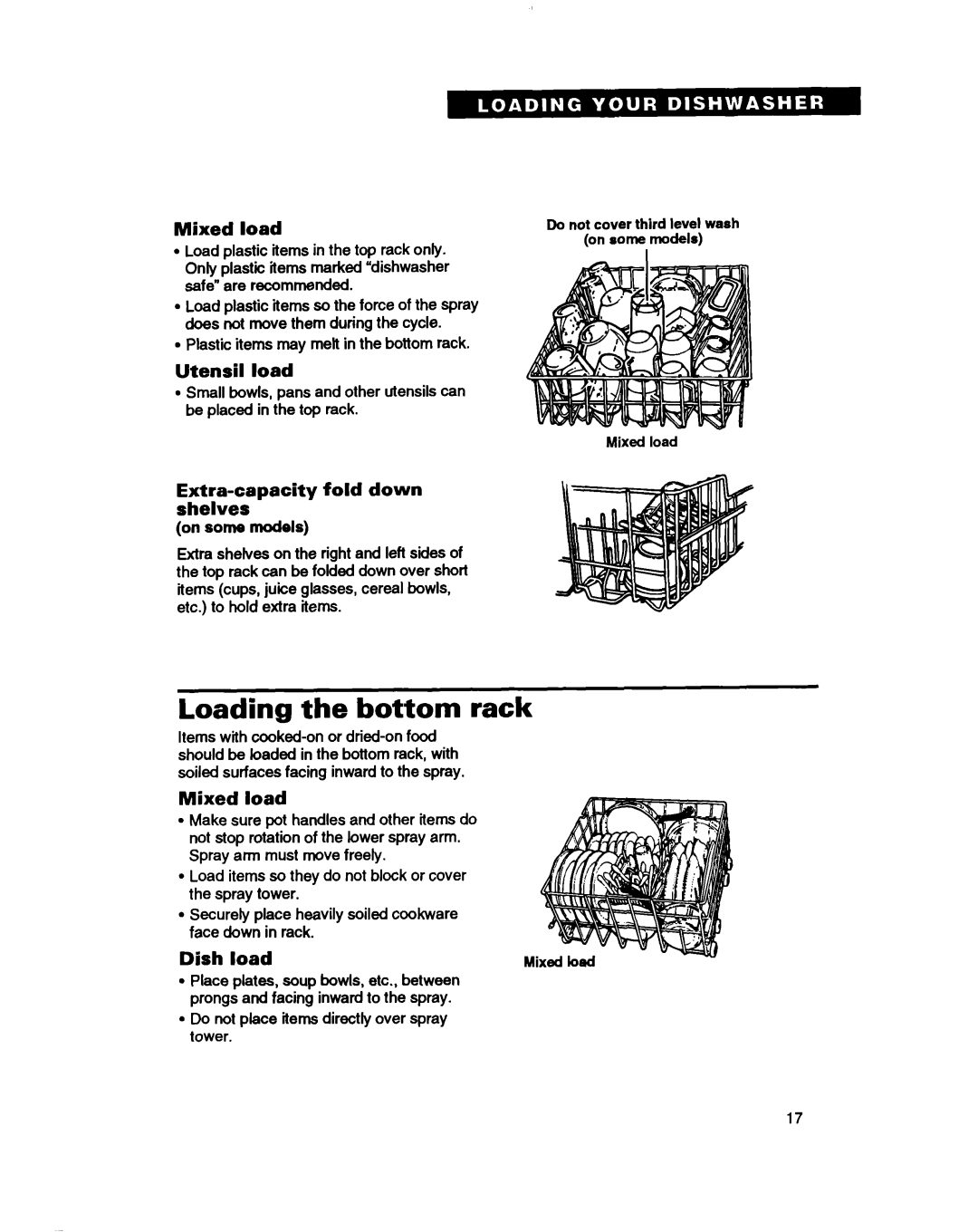 Whirlpool TUD3000, TUD7000, TUD5000 Loading the bottom rack, Mixed load, Utensil load, Bzypacity fold down, Dish load 