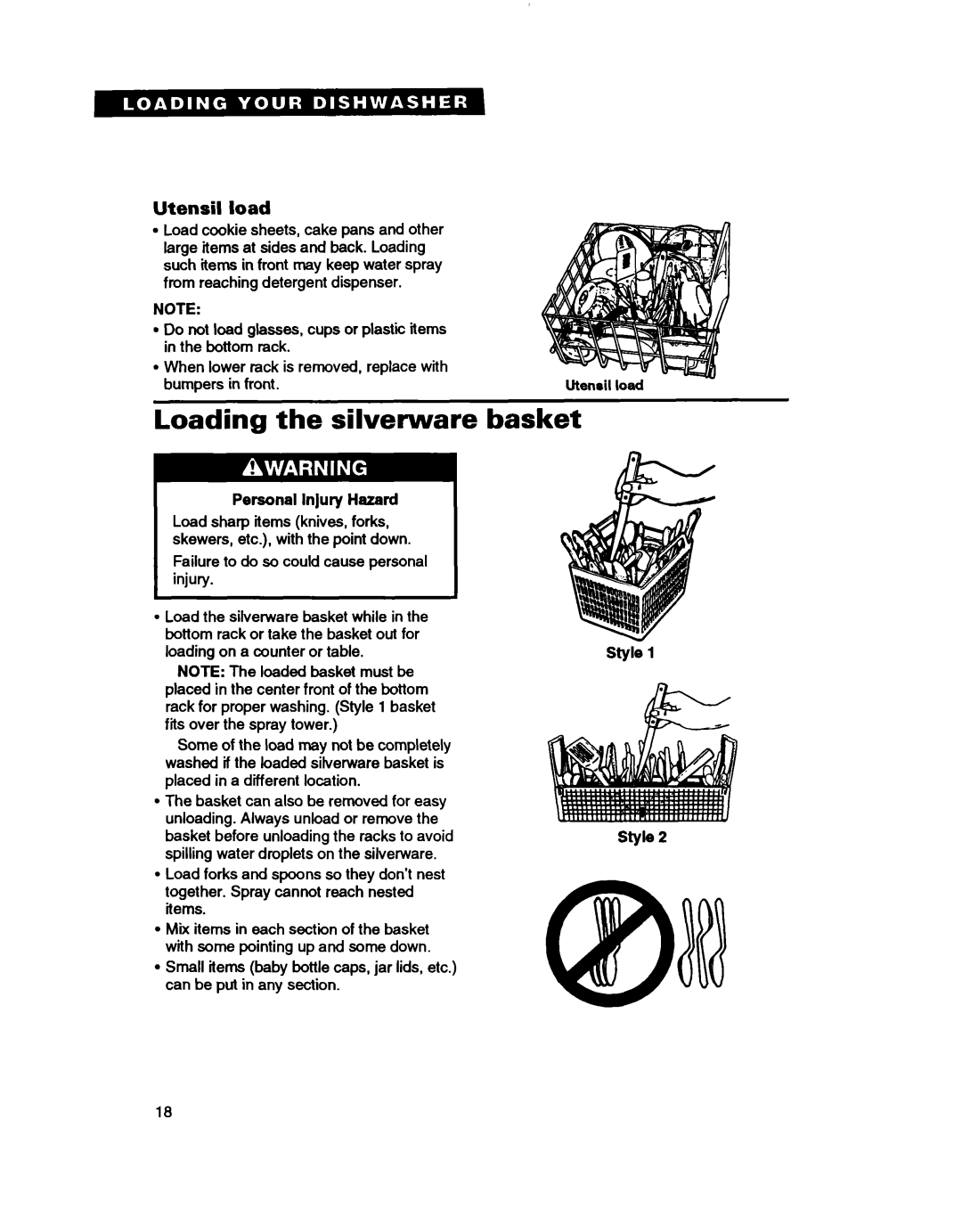 Whirlpool TUD5000, TUD7000, TUD3000, TUD2000 warranty Loading the silverware basket, Personal Injury Hazard, Style 