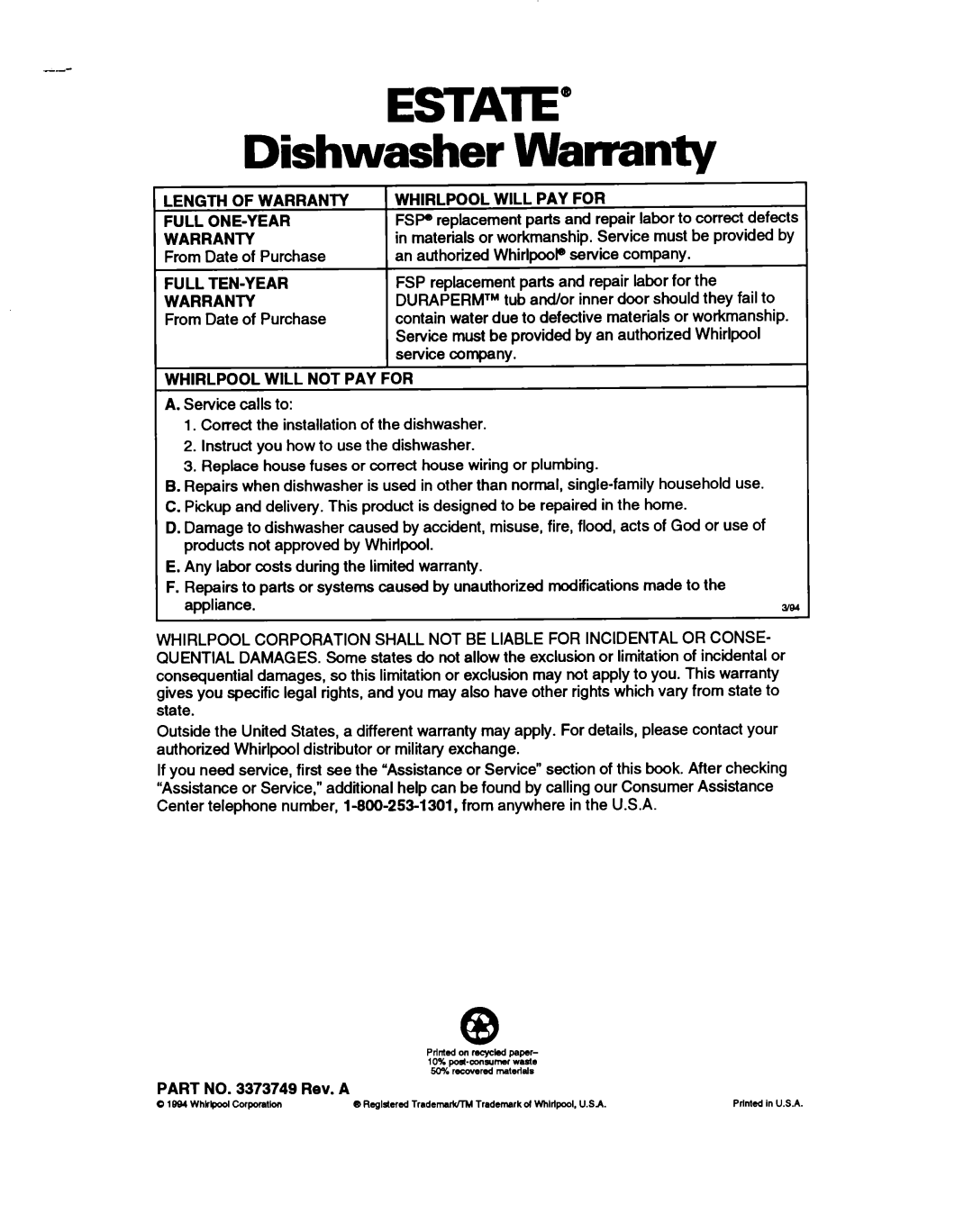 Whirlpool TUD5000, TUD7000, TUD3000, TUD2000 warranty Dishwasher Warranty, Part no Rev. a 